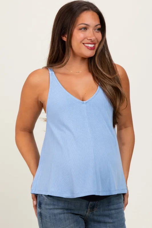 Light Blue Ribbed V-Neck Flowy Maternity Tank sold by Pinkblush