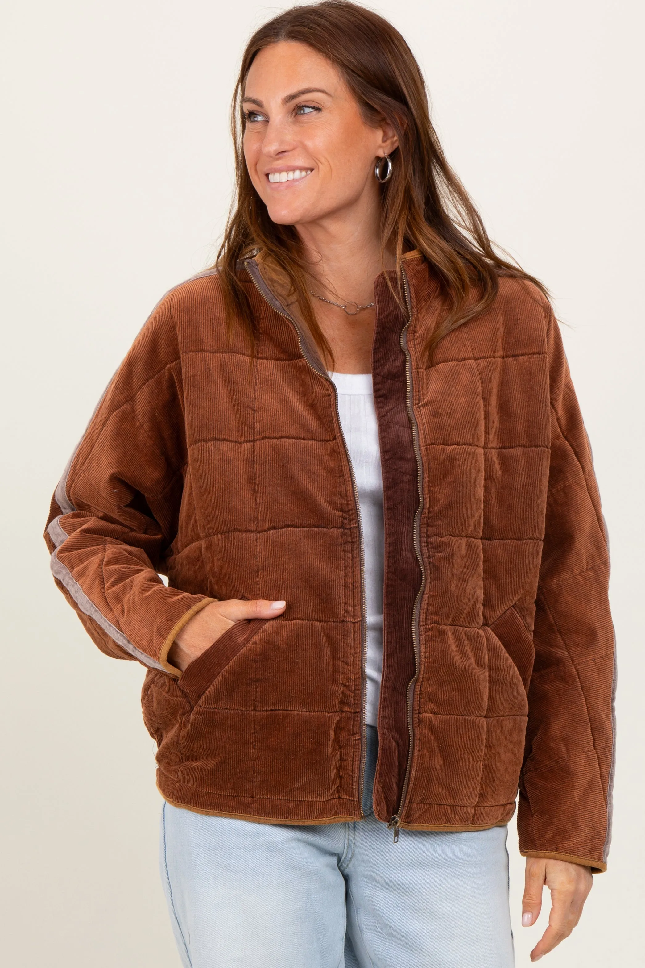 Brown Quilted Corduroy Puffer Jacket sold by Pinkblush