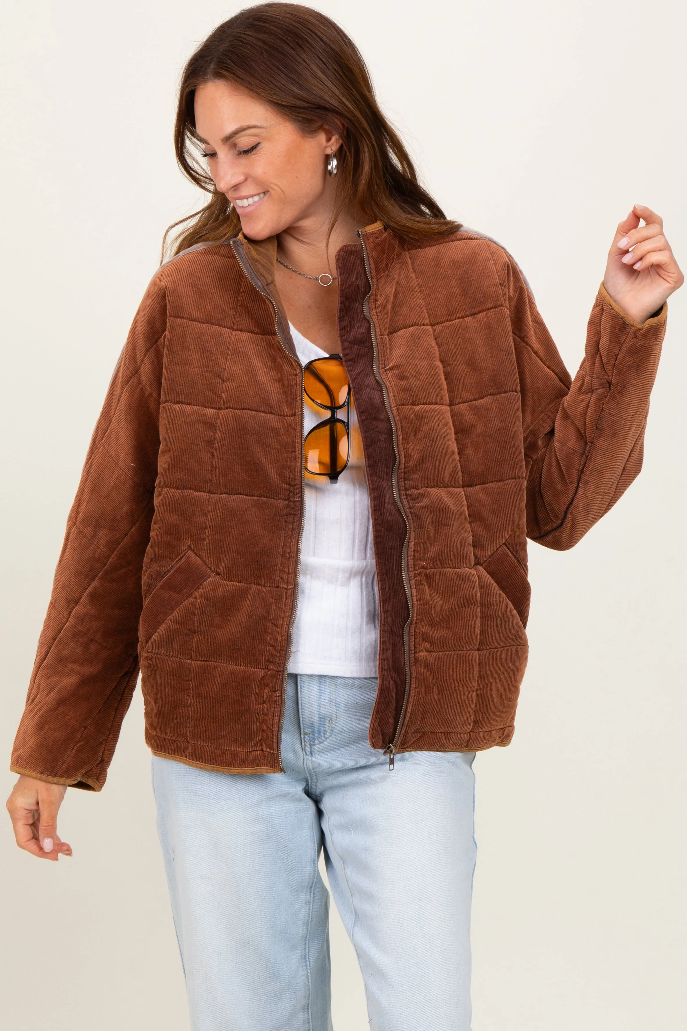 Brown Quilted Corduroy Puffer Jacket sold by Pinkblush product image thumbnail 2