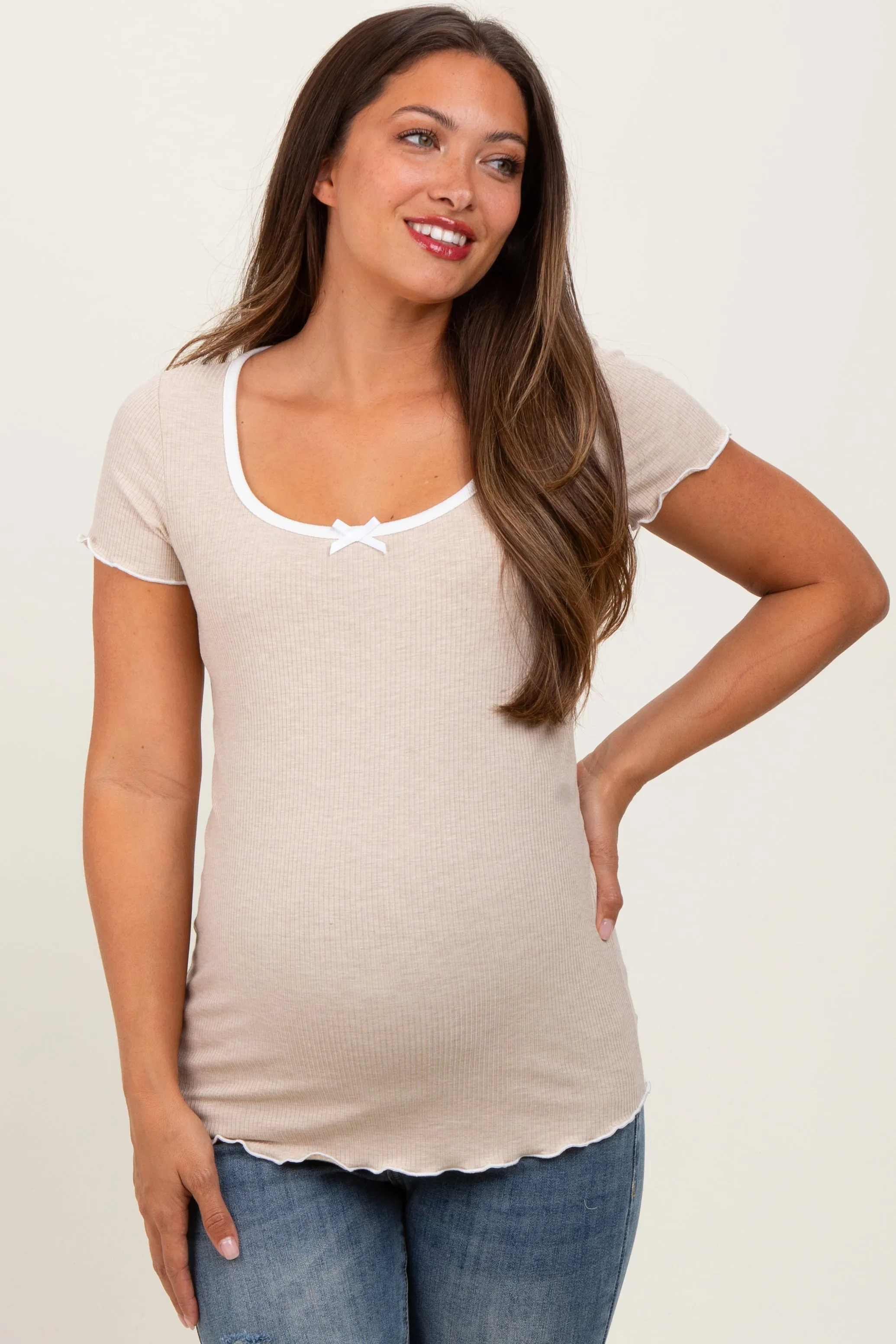 Beige Ribbed Short Sleeve Maternity Top sold by Pinkblush