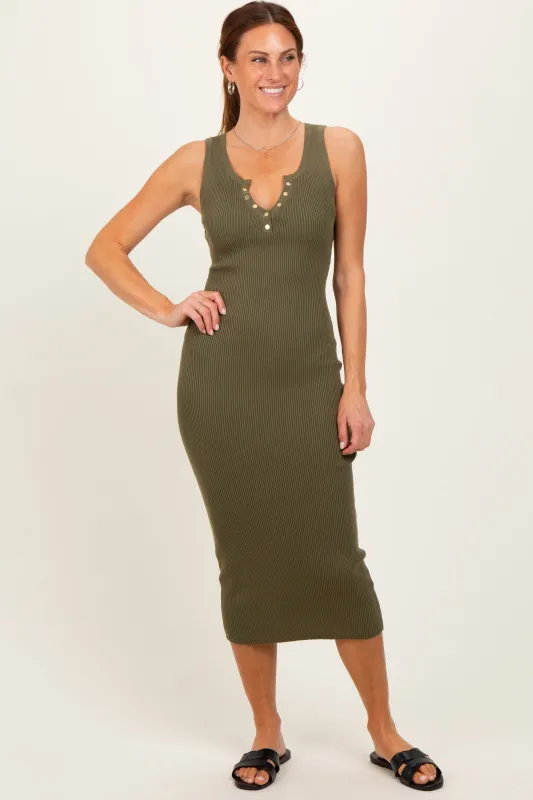 Olive Ribbed Fitted Sleeveless Snap Button Dress sold by Pinkblush