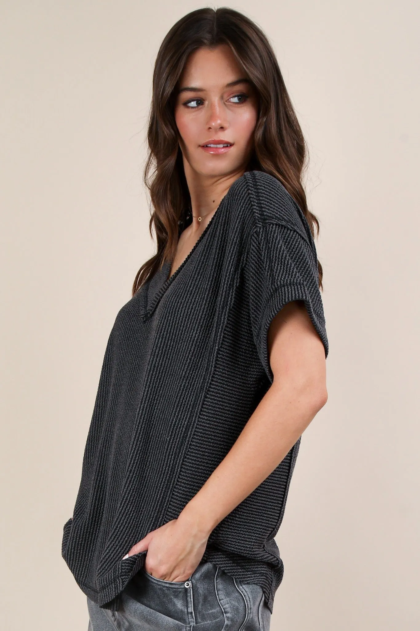 Charcoal Ribbed Raw Hem Short Sleeve Top sold by Pinkblush product image thumbnail 2