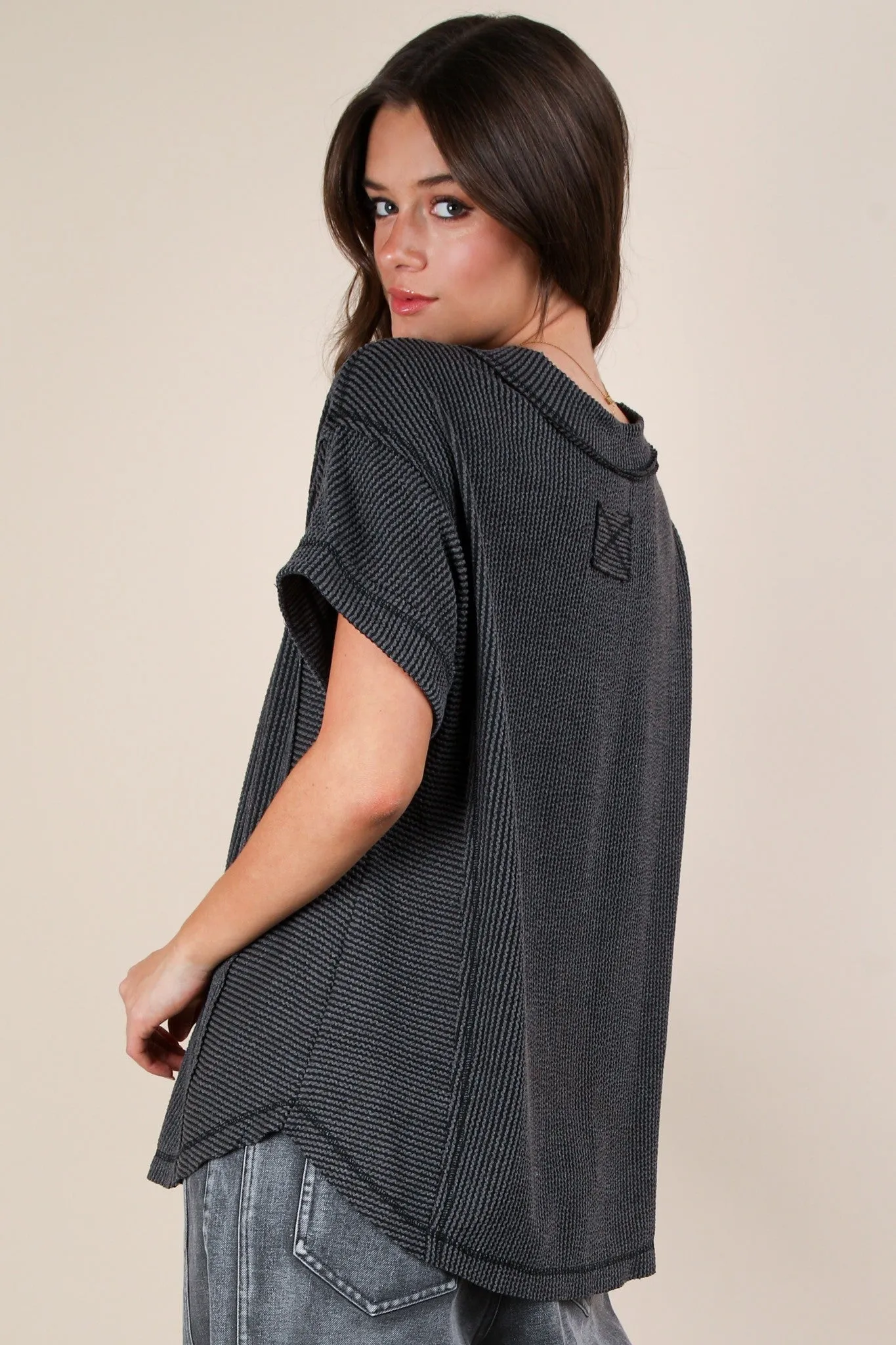 Charcoal Ribbed Raw Hem Short Sleeve Top sold by Pinkblush product image thumbnail 3