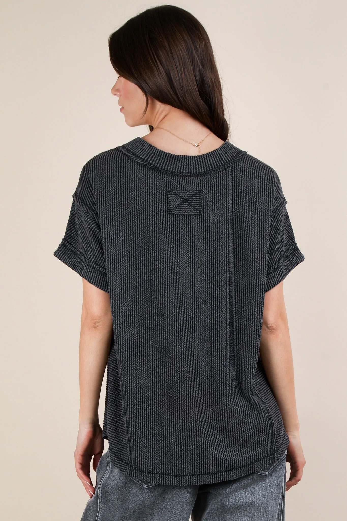 Charcoal Ribbed Raw Hem Short Sleeve Top sold by Pinkblush product image thumbnail 4