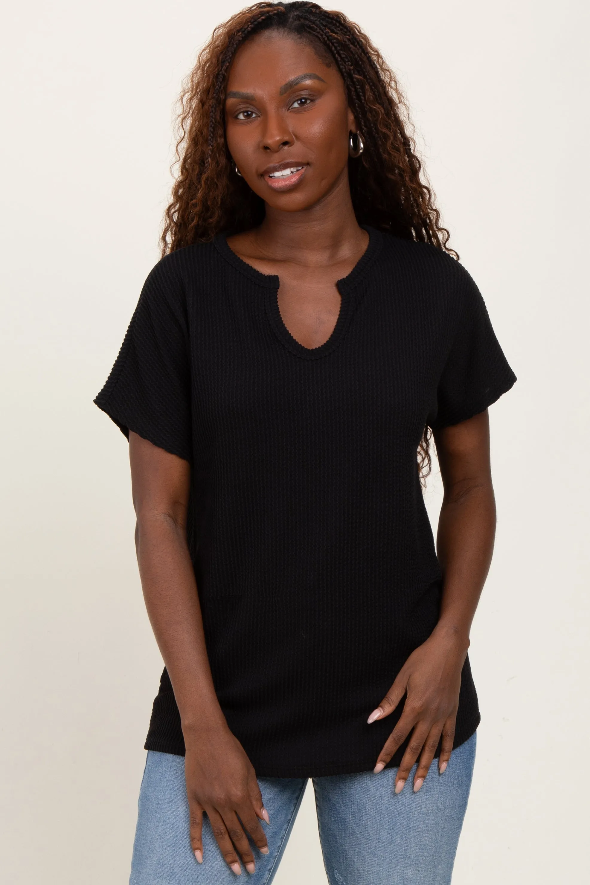 Black Ribbed Notched Neckline Top sold by Pinkblush