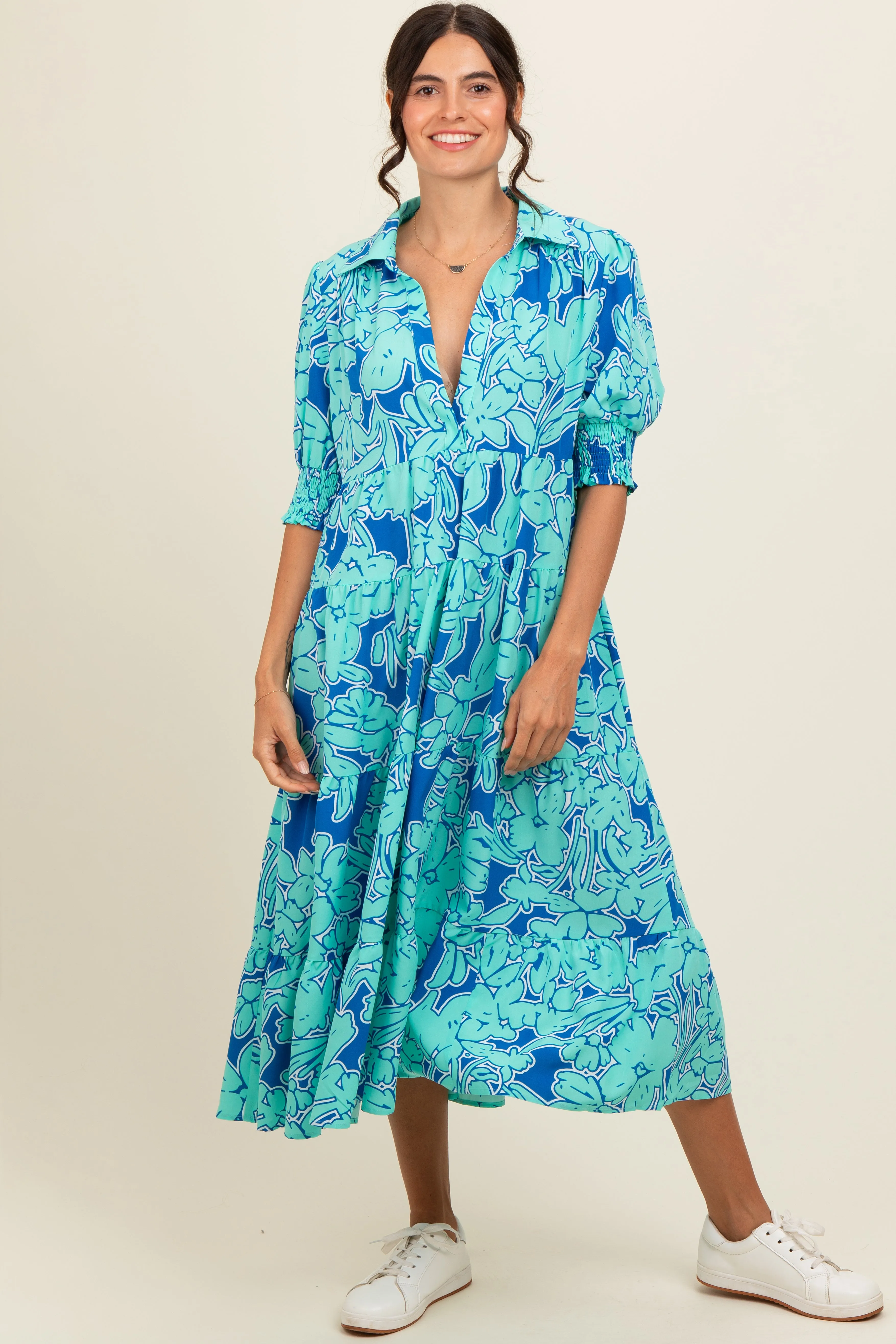 Mint Green Abstract Floral Tiered Midi Dress sold by Pinkblush