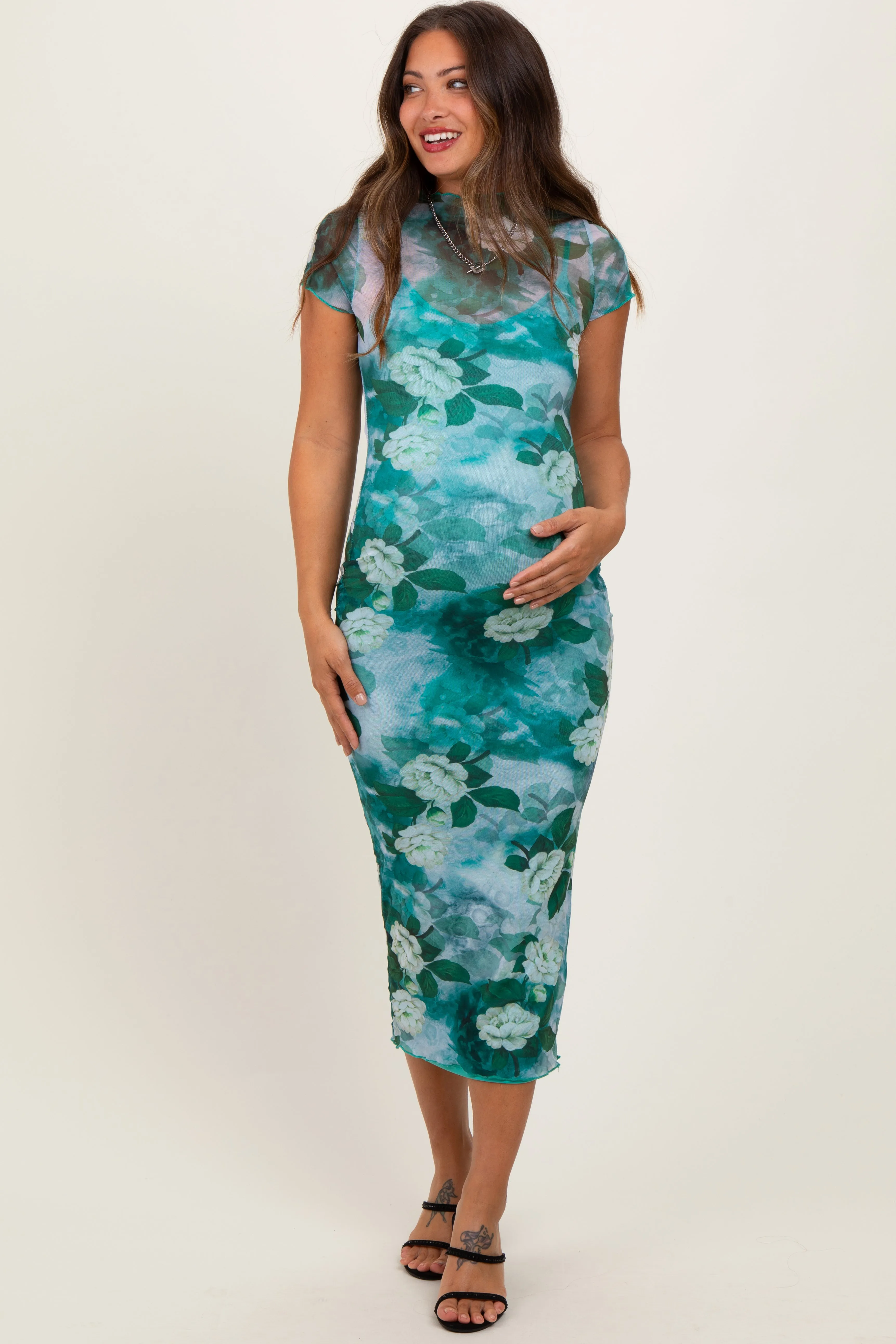 Green Floral Mesh Overlay Fitted Maternity Maxi Dress sold by Pinkblush