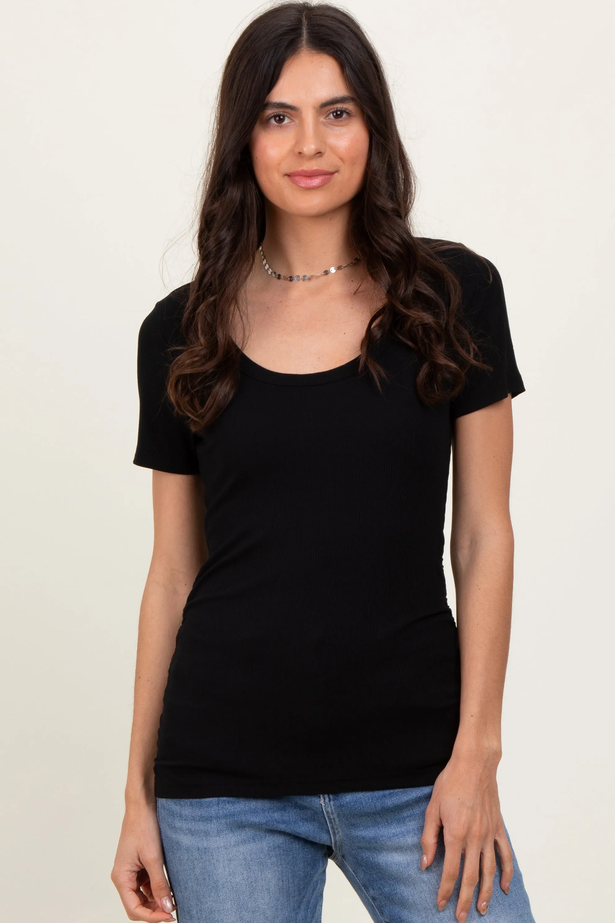Black Ribbed Scoop Neck Short Sleeve Maternity Top sold by Pinkblush product image thumbnail 5