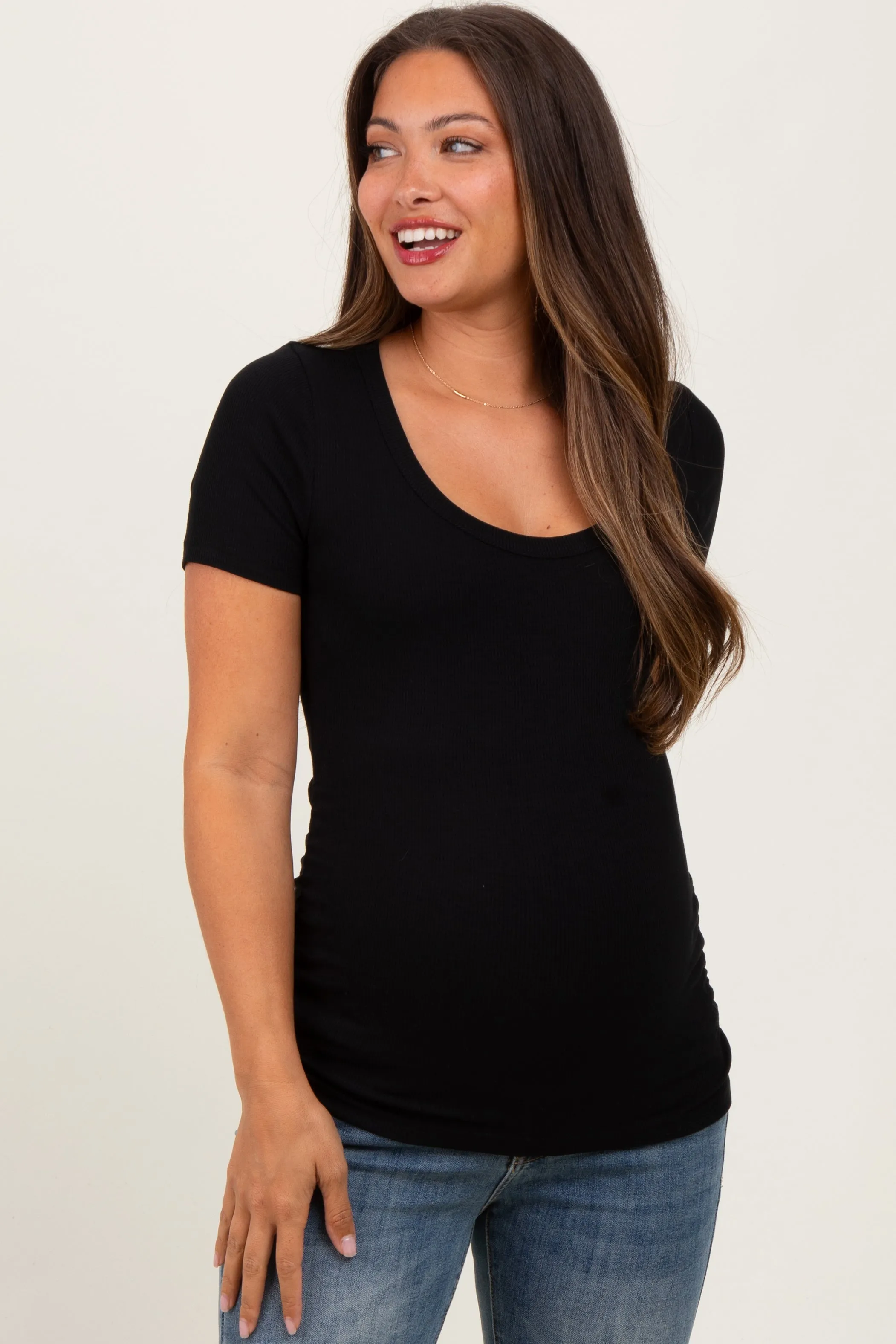 Black Ribbed Scoop Neck Short Sleeve Maternity Top sold by Pinkblush product image thumbnail 2
