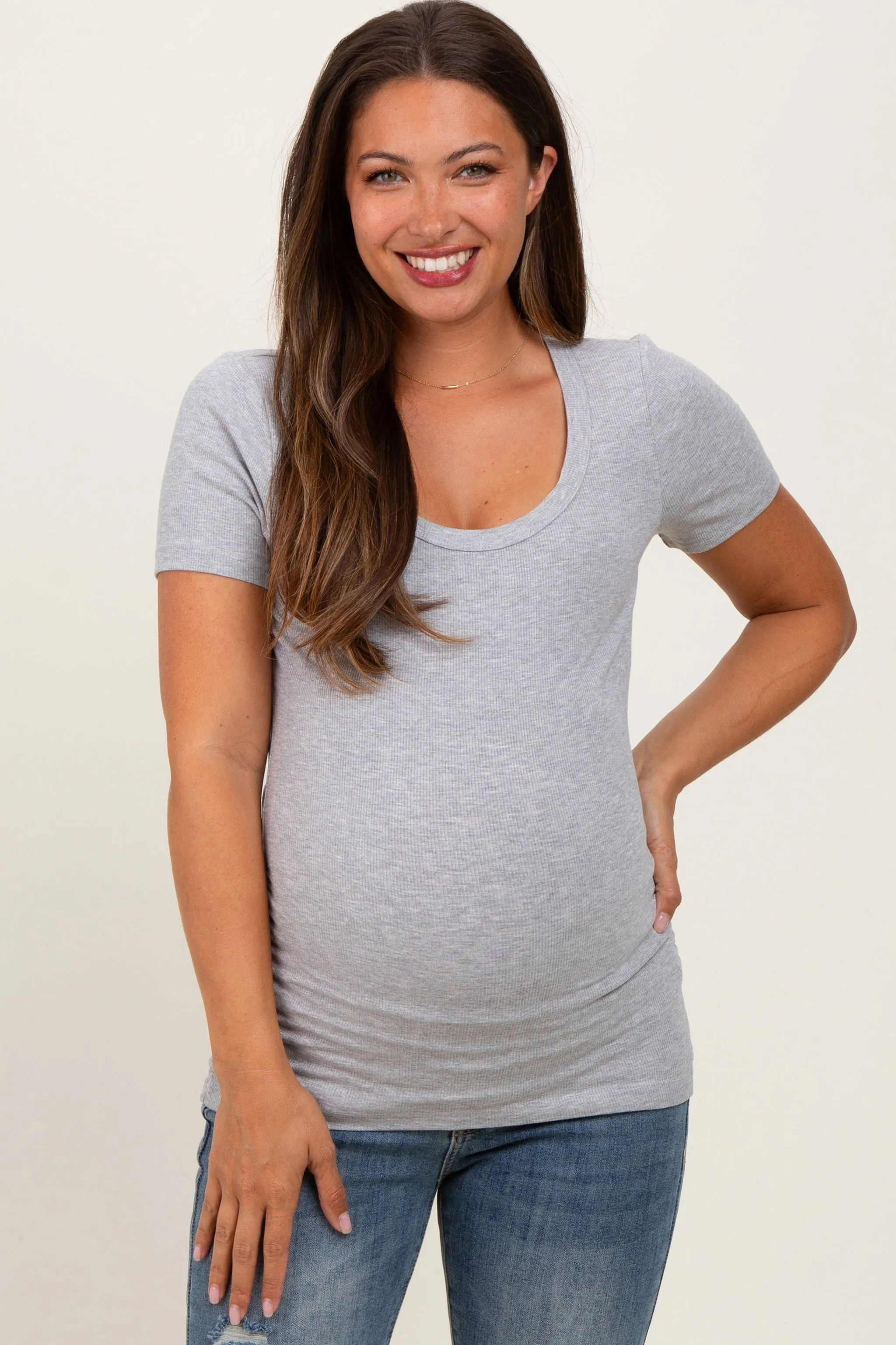 Heather Grey Ribbed Scoop Neck Short Sleeve Maternity Top sold by Pinkblush