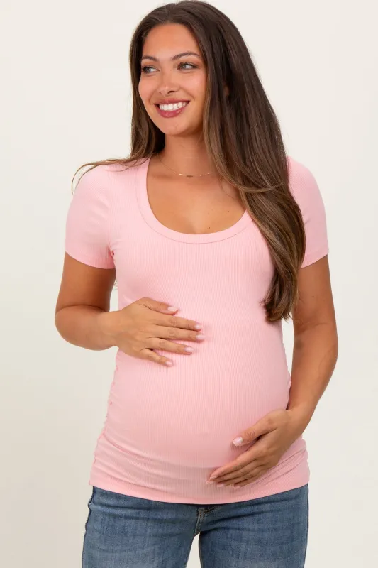 Light Pink Ribbed Scoop Neck Short Sleeve Maternity Top sold by Pinkblush