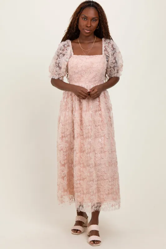 Light Pink Floral Mesh Overlay Tie Back Midi Dress sold by Pinkblush
