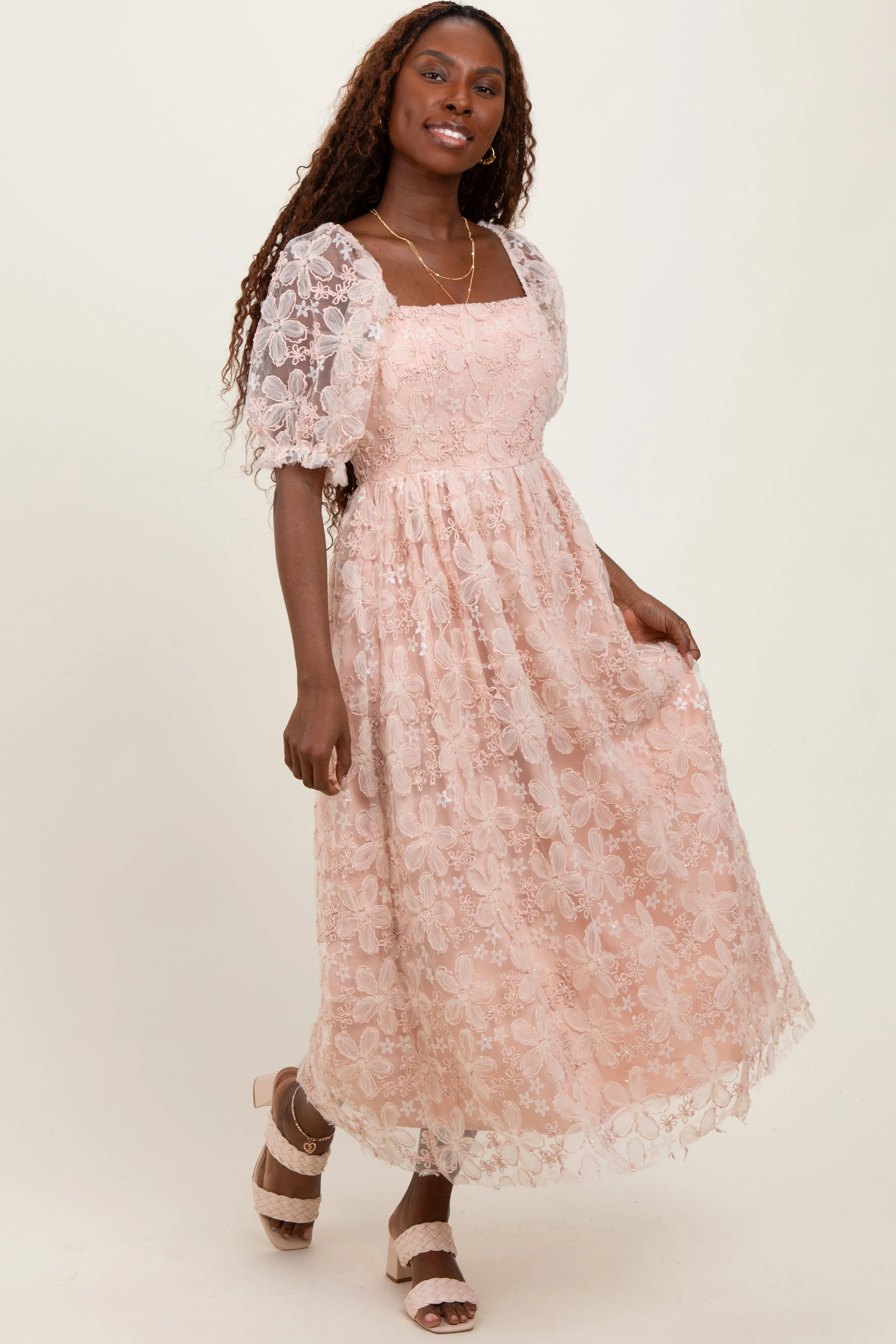 Light Pink Floral Mesh Overlay Tie Back Midi Dress sold by Pinkblush product image thumbnail 2
