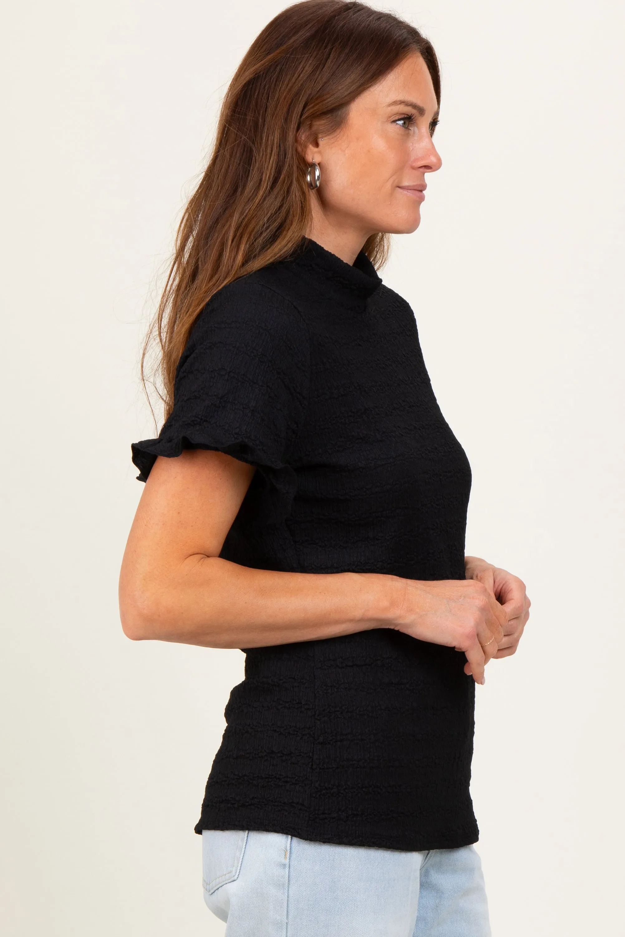 Black Solid Puff Knit Mock Neck Top sold by Pinkblush product image thumbnail 2