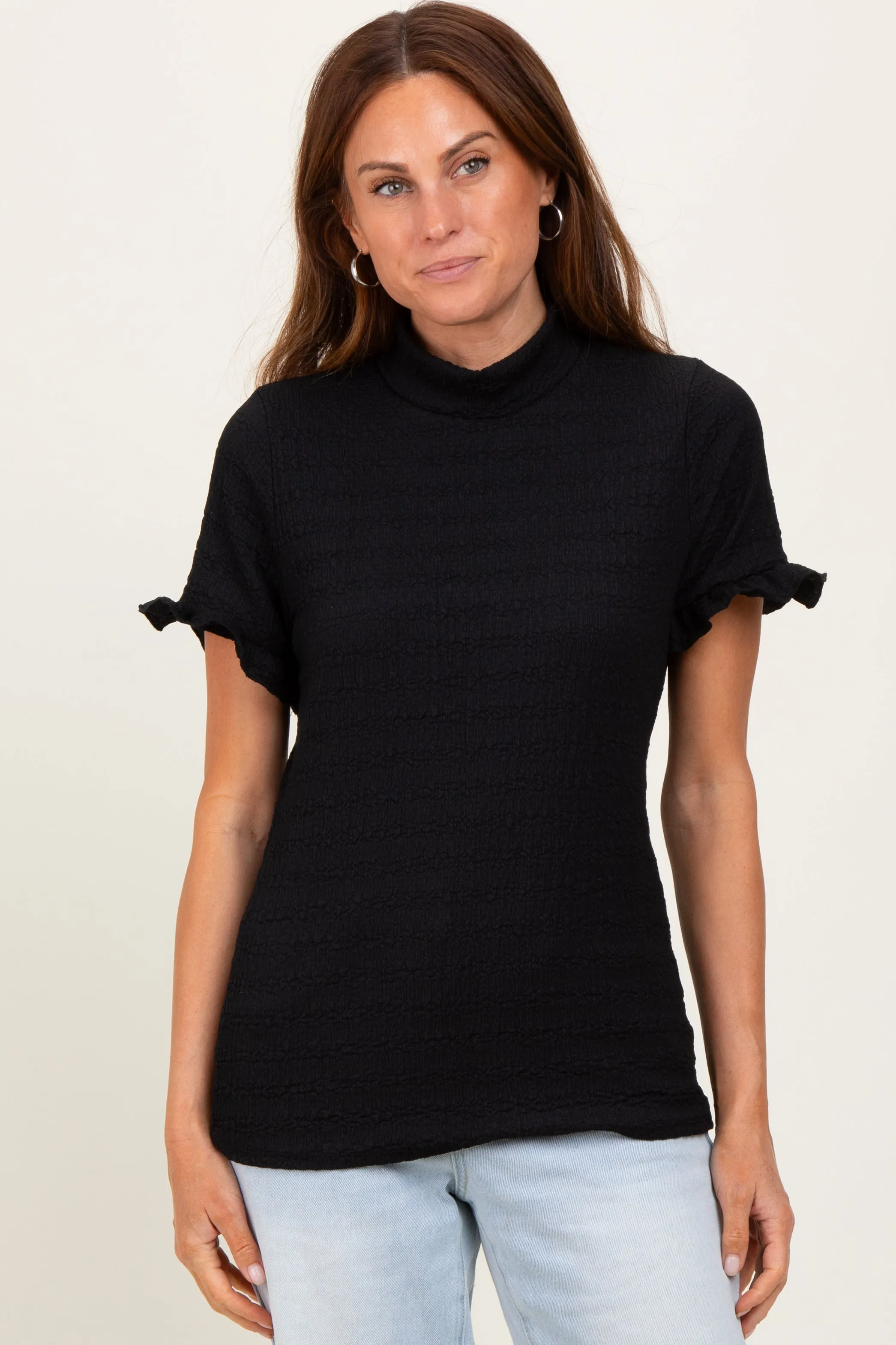 Black Solid Puff Knit Mock Neck Top sold by Pinkblush