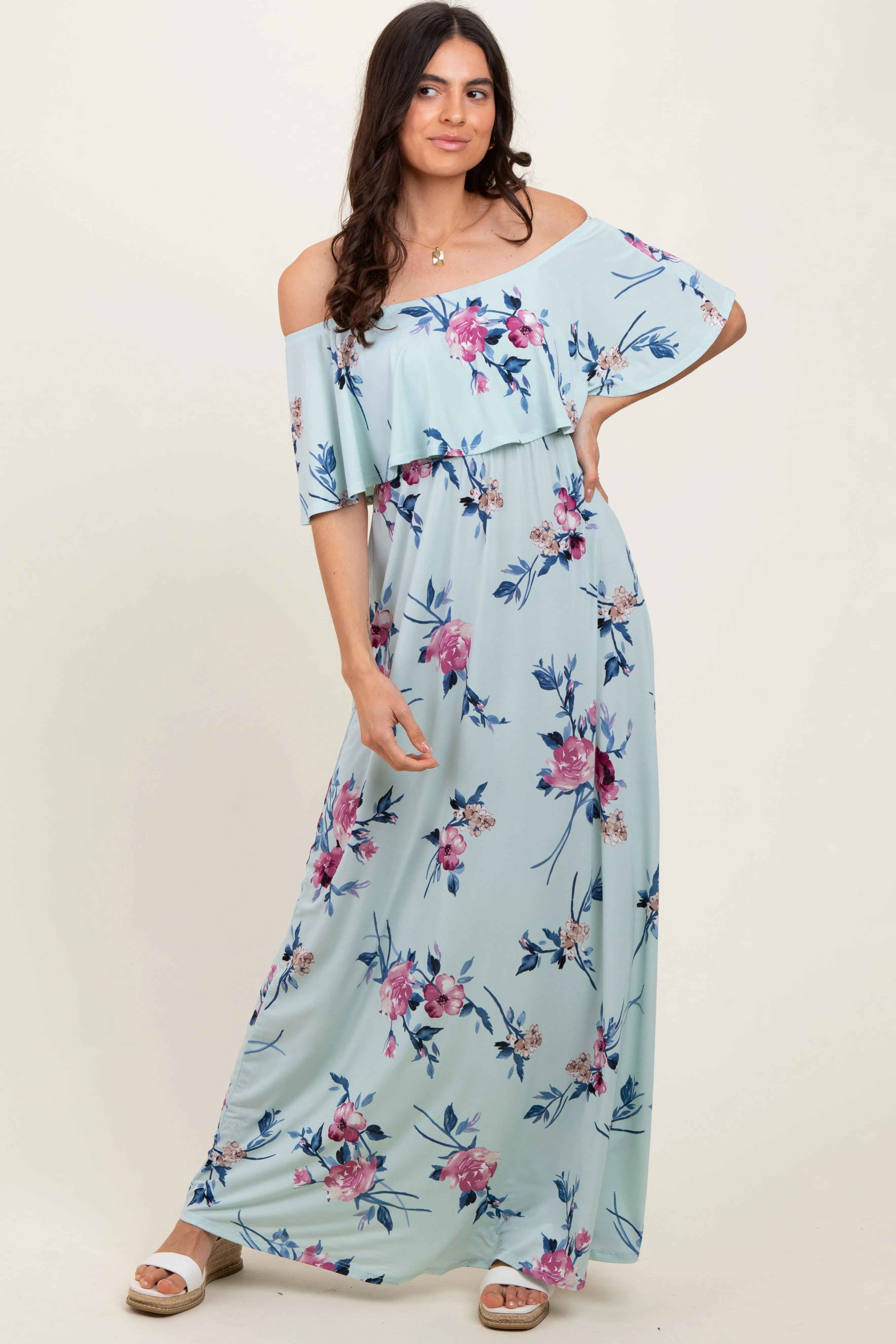Mint Off Shoulder Floral Ruffle Maxi Dress sold by Pinkblush