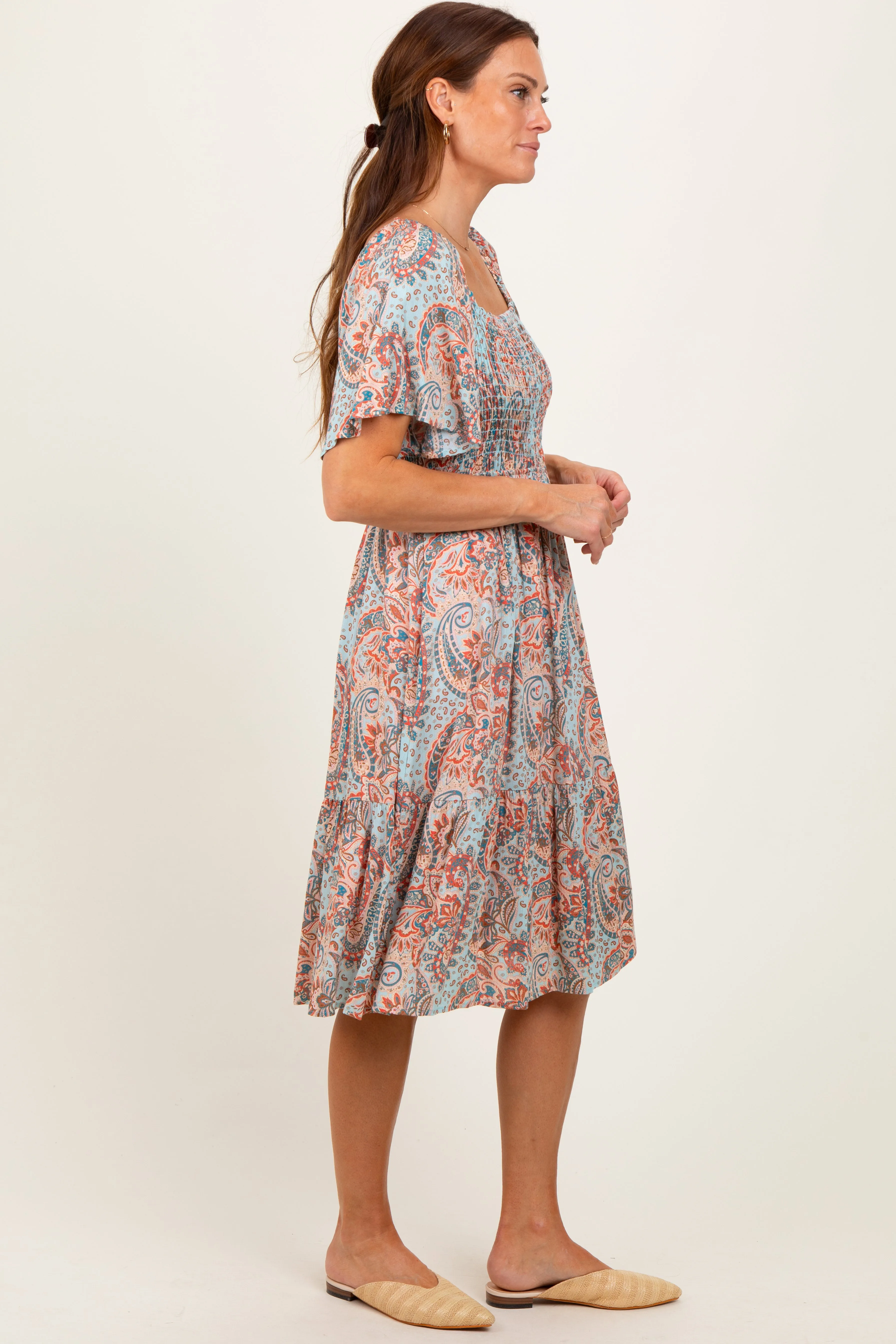 Light Blue Paisley Floral Smocked Midi Dress sold by Pinkblush product image thumbnail 3