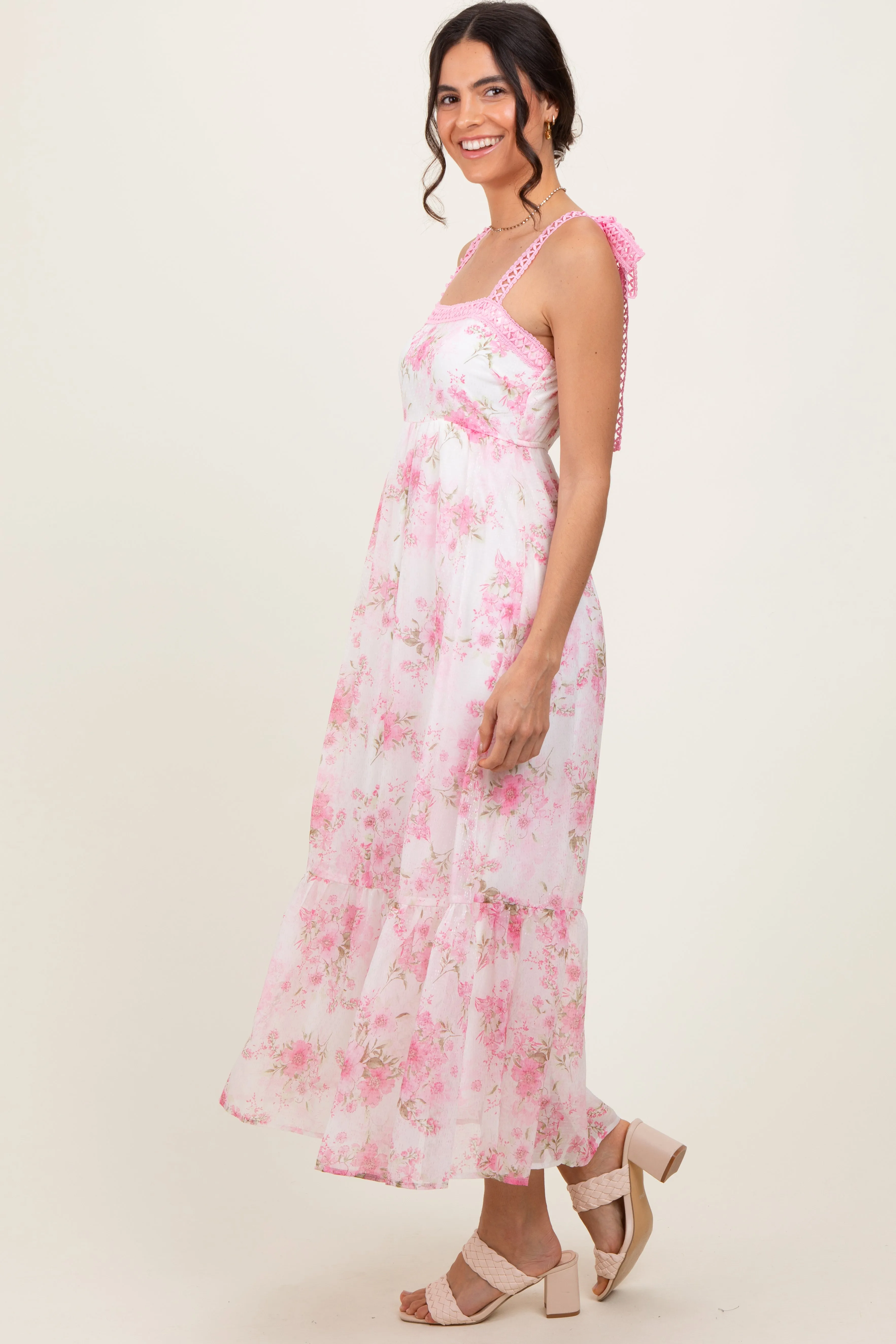 Pink Floral Chiffon Overlay Lace Shoulder Tie Midi Dress sold by Pinkblush product image thumbnail 3