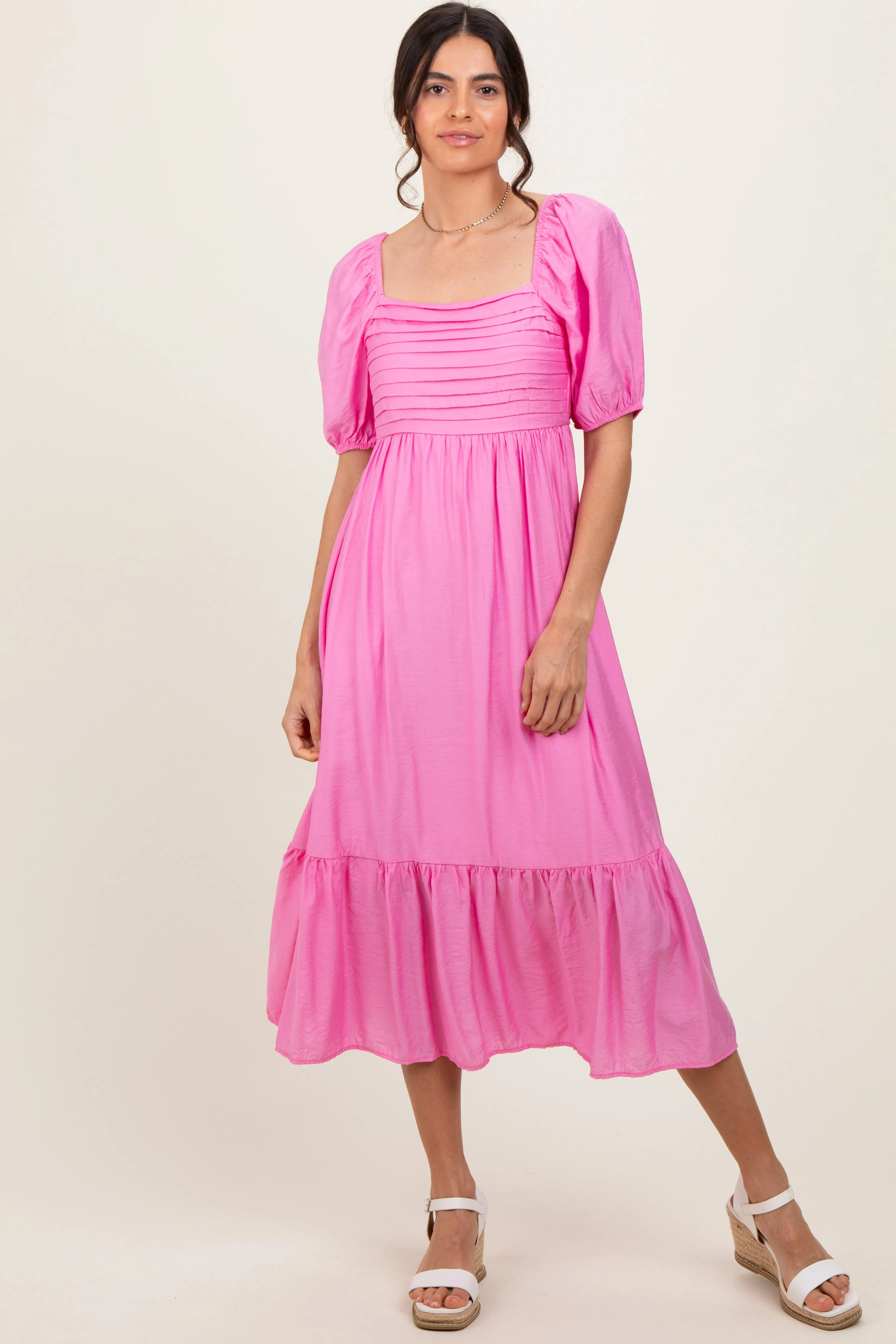 Pink Pleated Bodice Puff Sleeve Midi Dress sold by Pinkblush