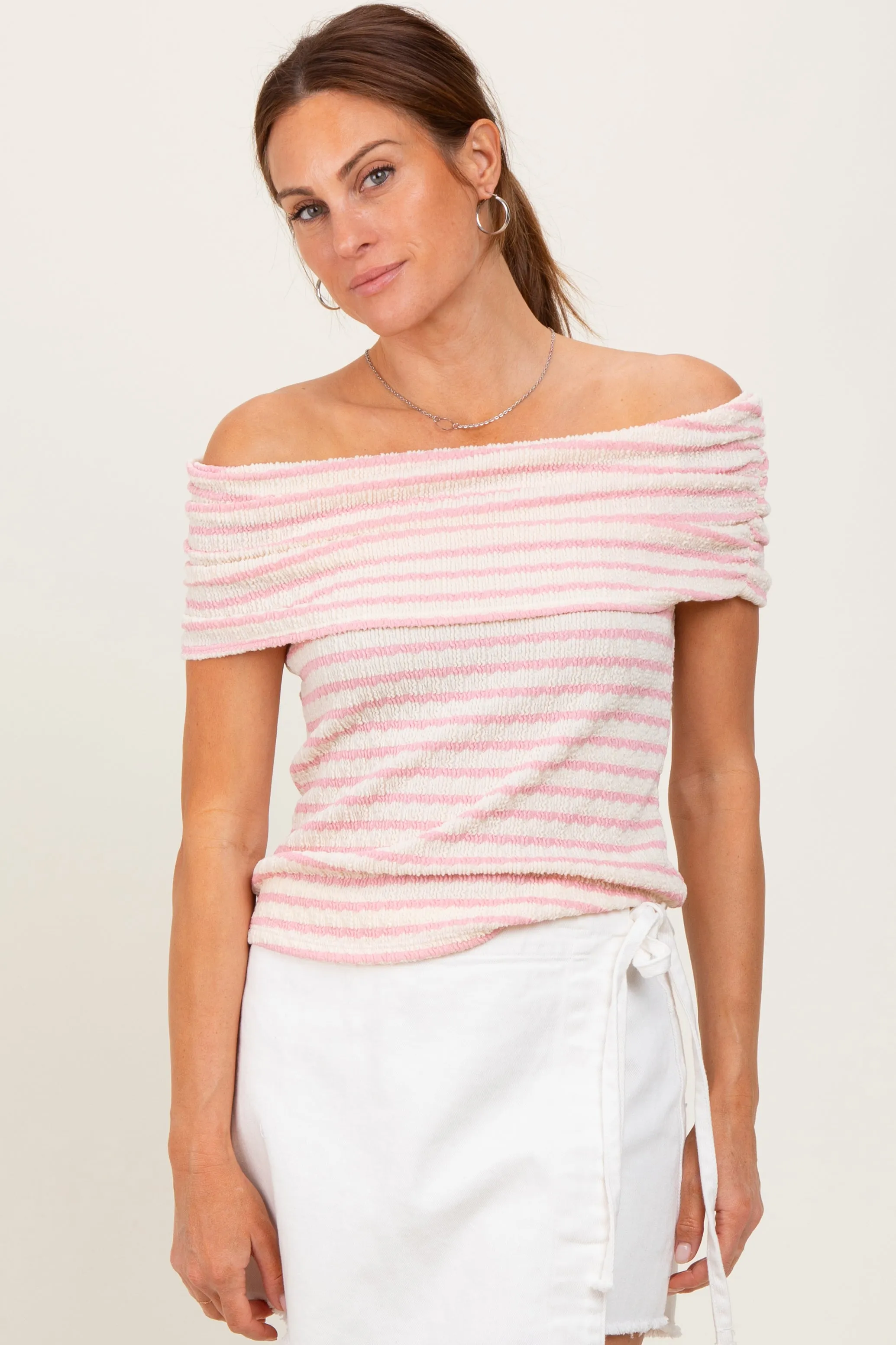 Light Pink Off The Shoulder Striped Top sold by Pinkblush
