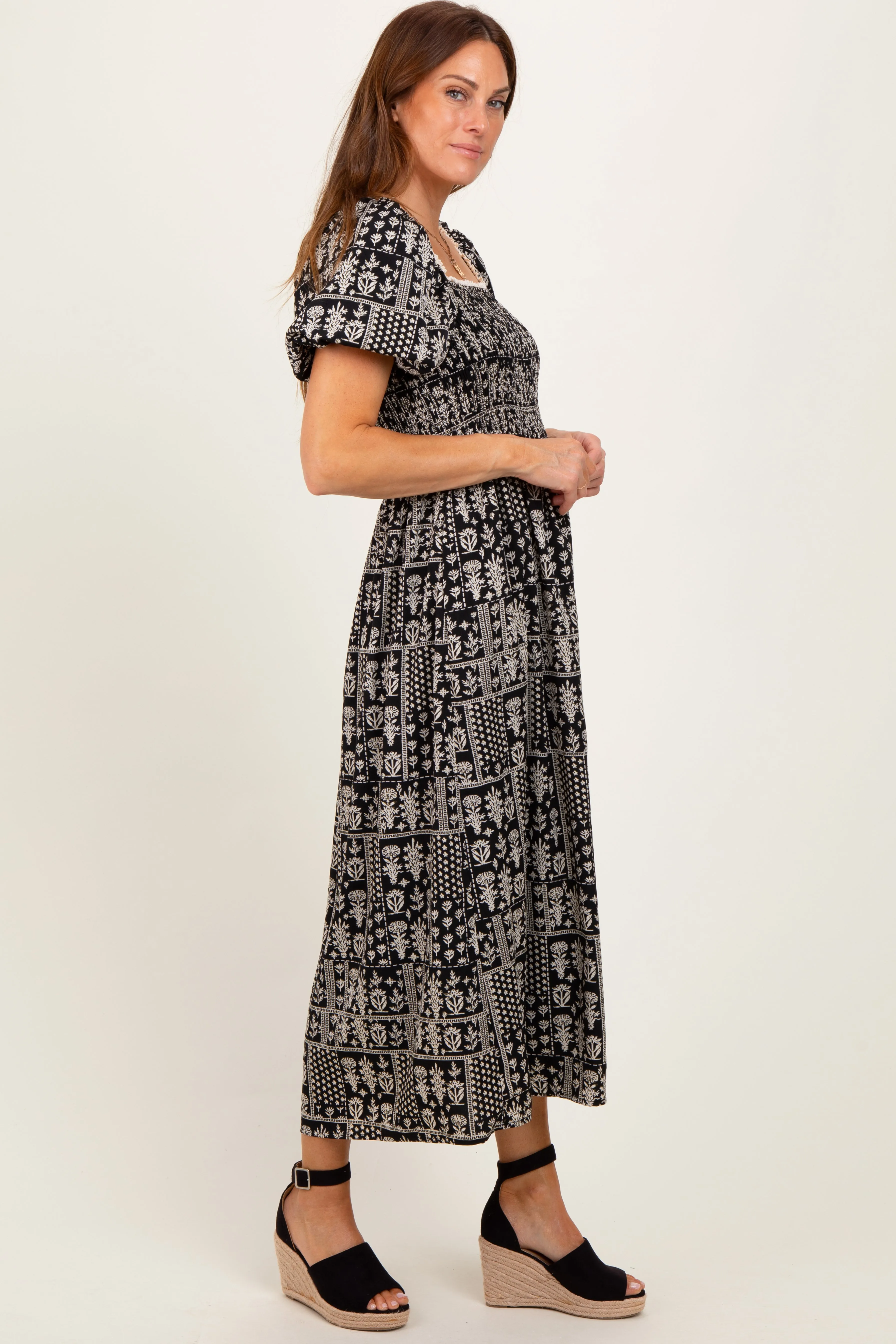 Black Patch Printed Smocked Midi Dress sold by Pinkblush product image thumbnail 2