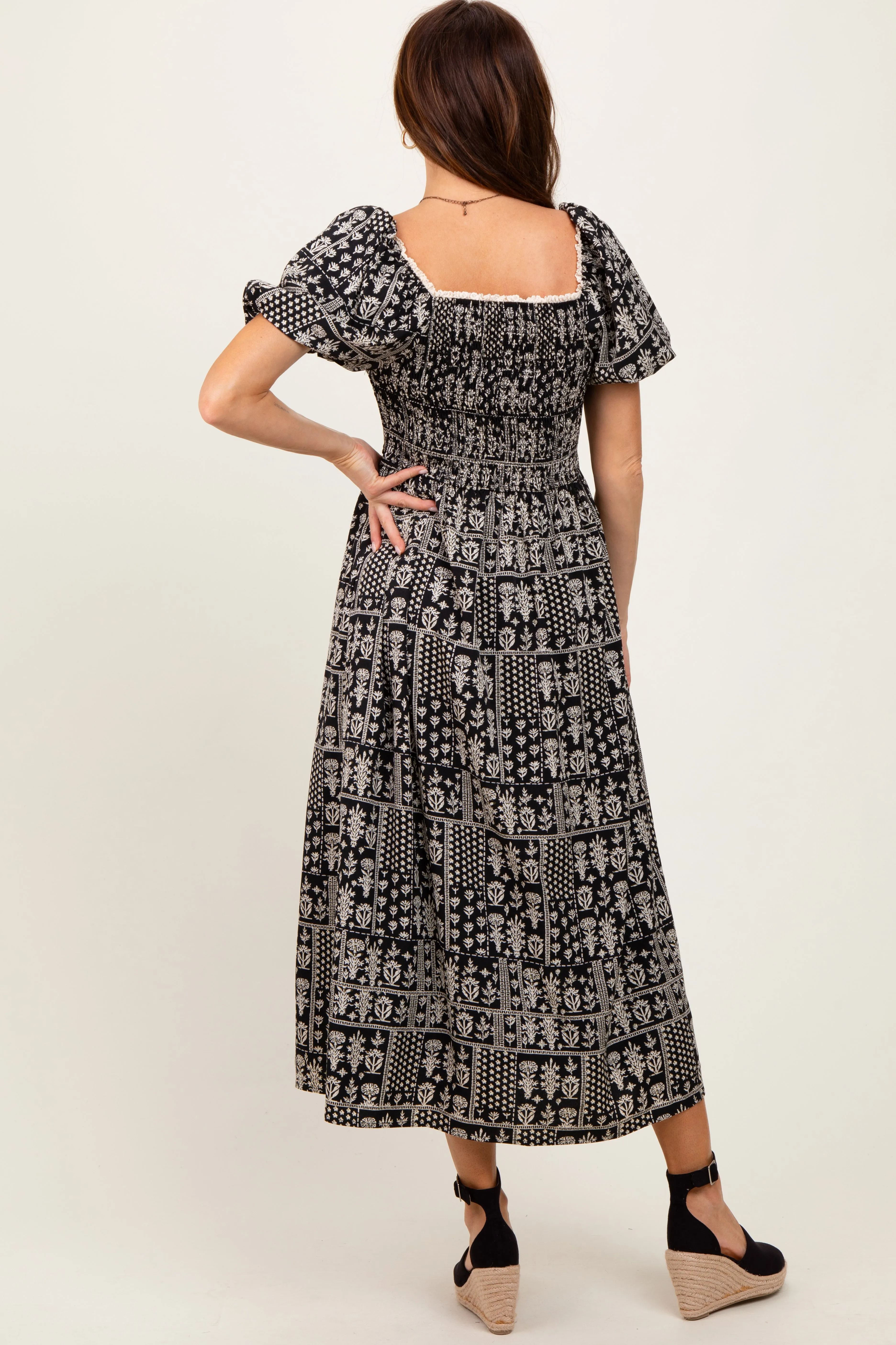 Black Patch Printed Smocked Midi Dress sold by Pinkblush product image thumbnail 3