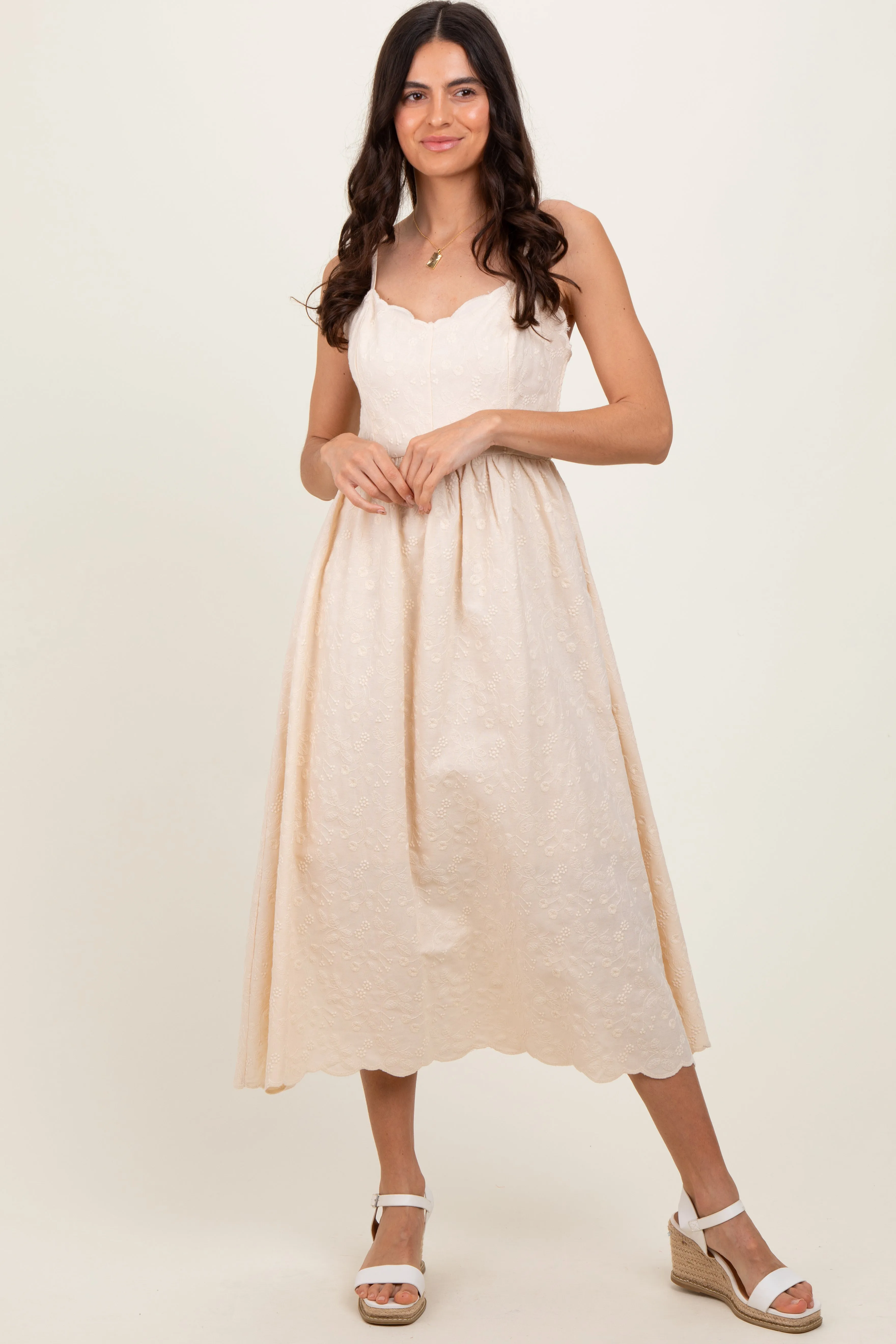 Cream Floral Embroidered Scallop Detail Midi Dress sold by Pinkblush