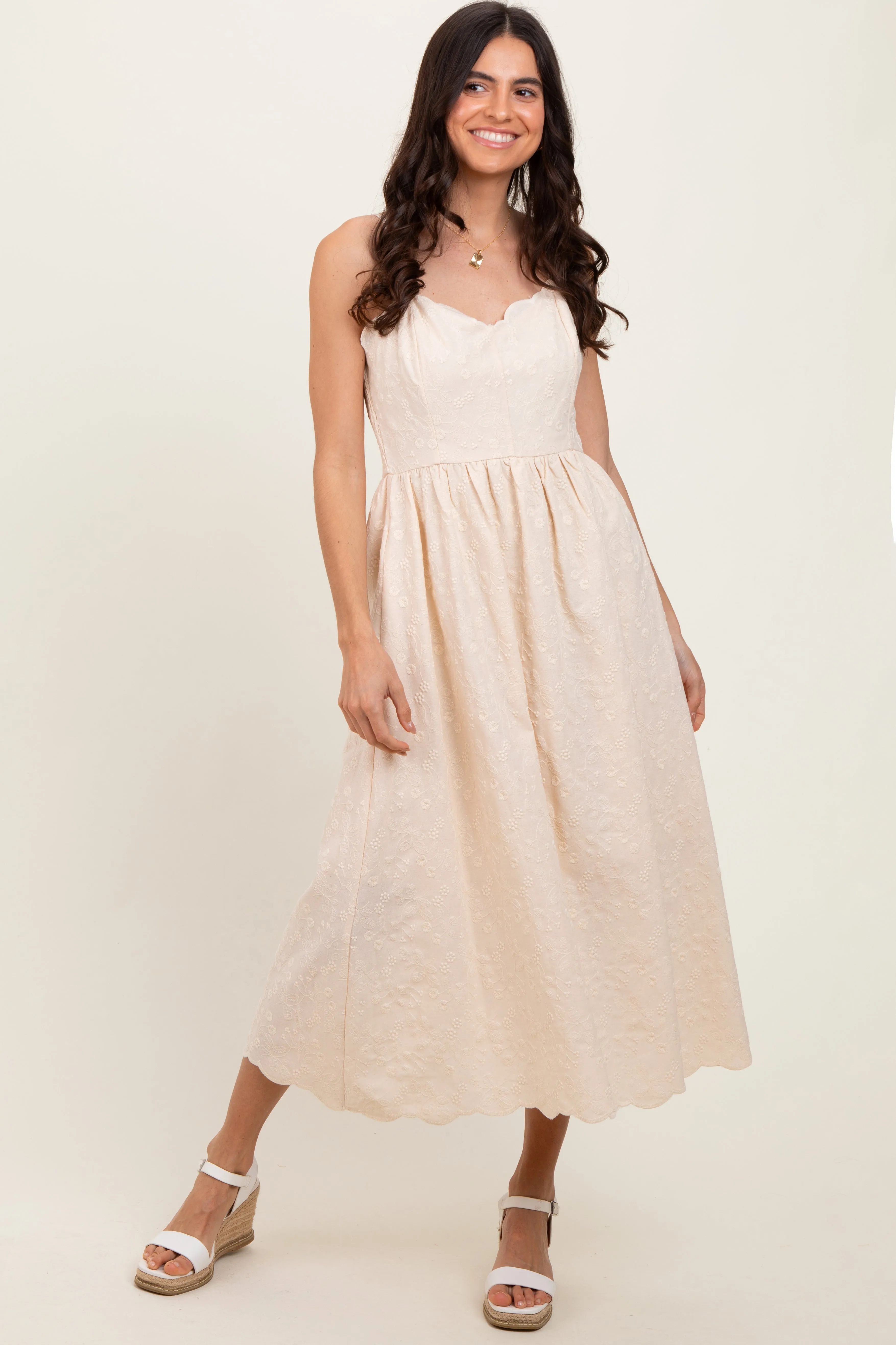 Cream Floral Embroidered Scallop Detail Midi Dress sold by Pinkblush product image thumbnail 2