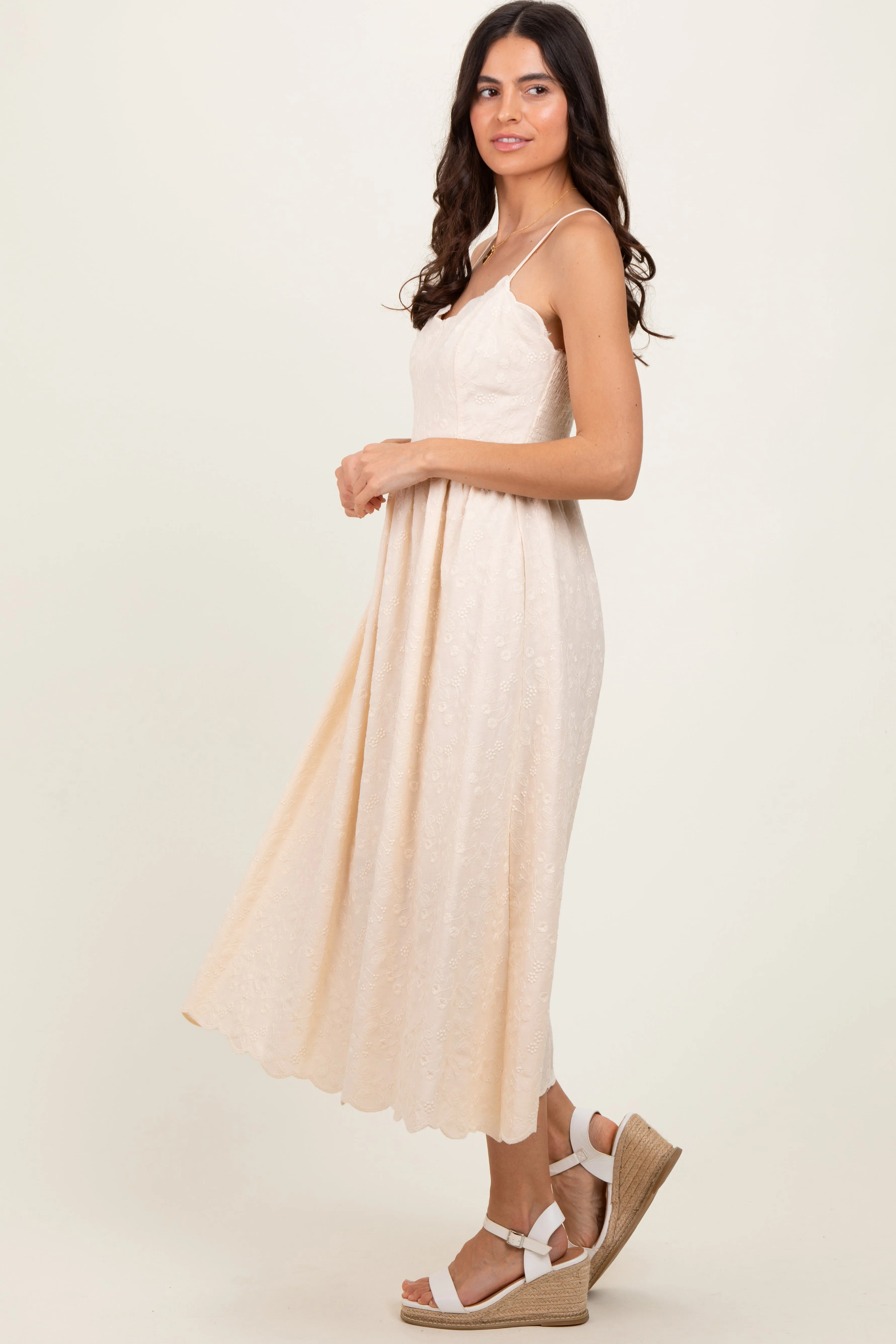 Cream Floral Embroidered Scallop Detail Midi Dress sold by Pinkblush product image thumbnail 3