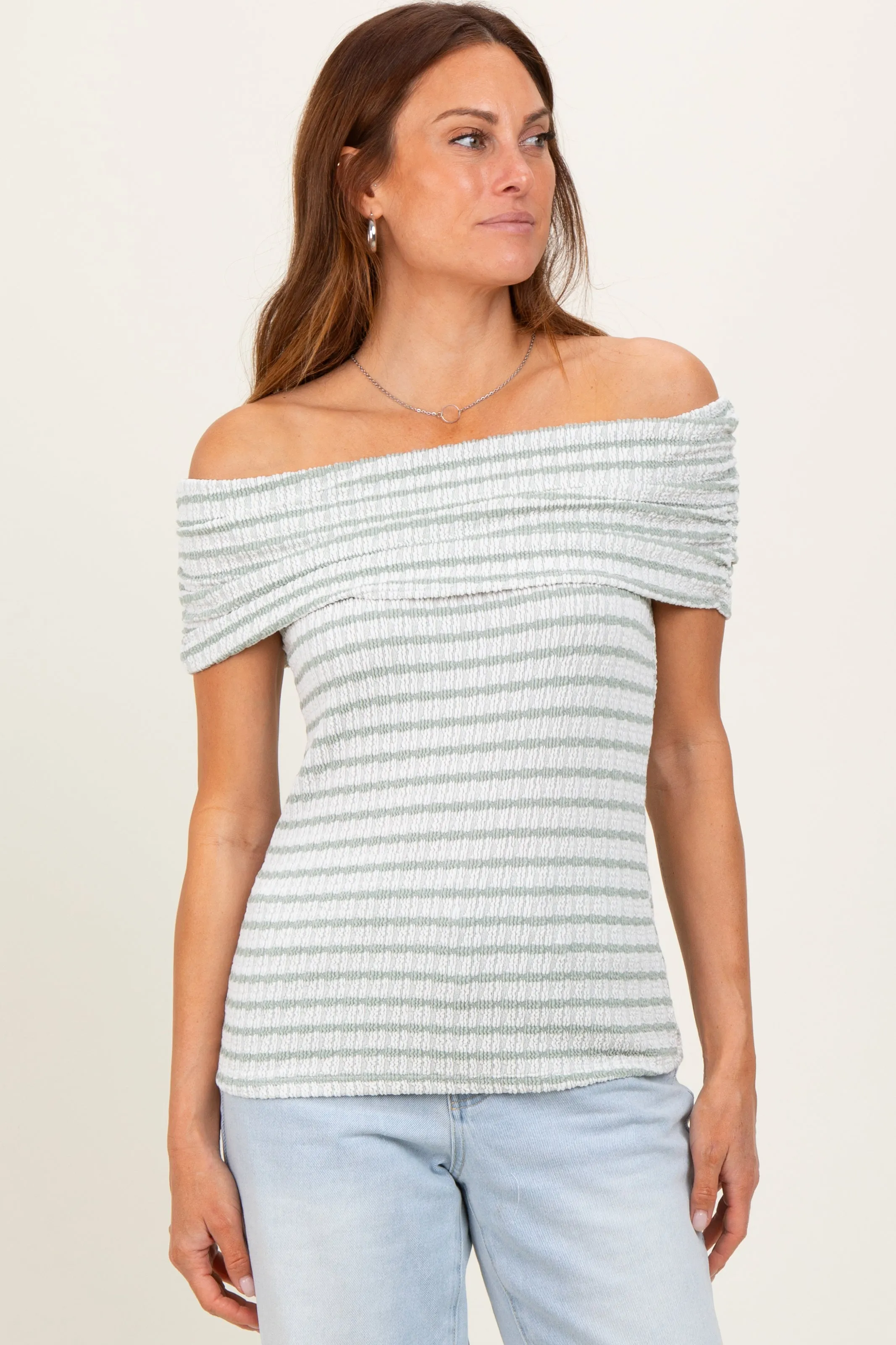 Sage Off The Shoulder Striped Top sold by Pinkblush product image thumbnail 2