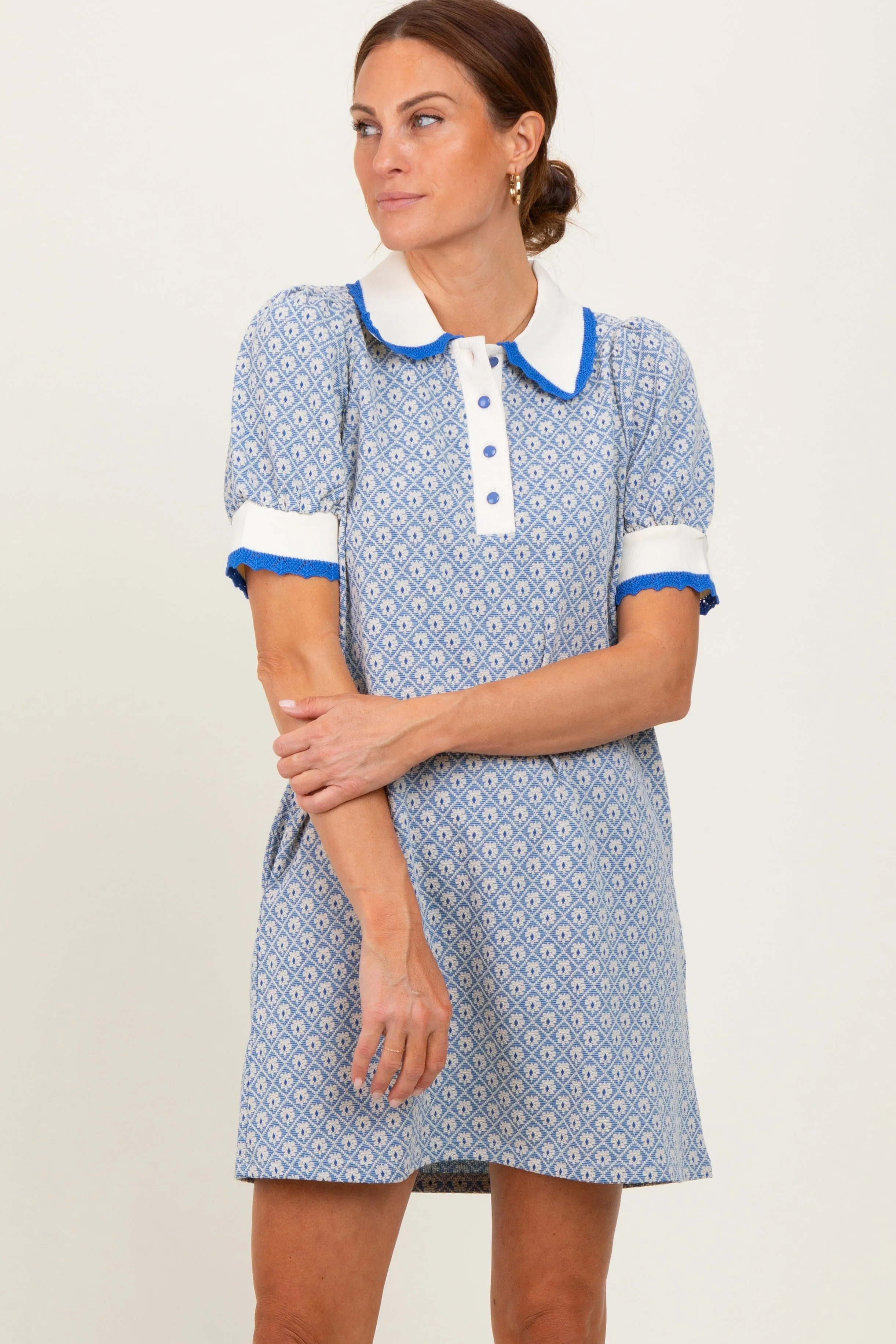 Blue Diamond Print Crochet Trim Polo Dress sold by Pinkblush