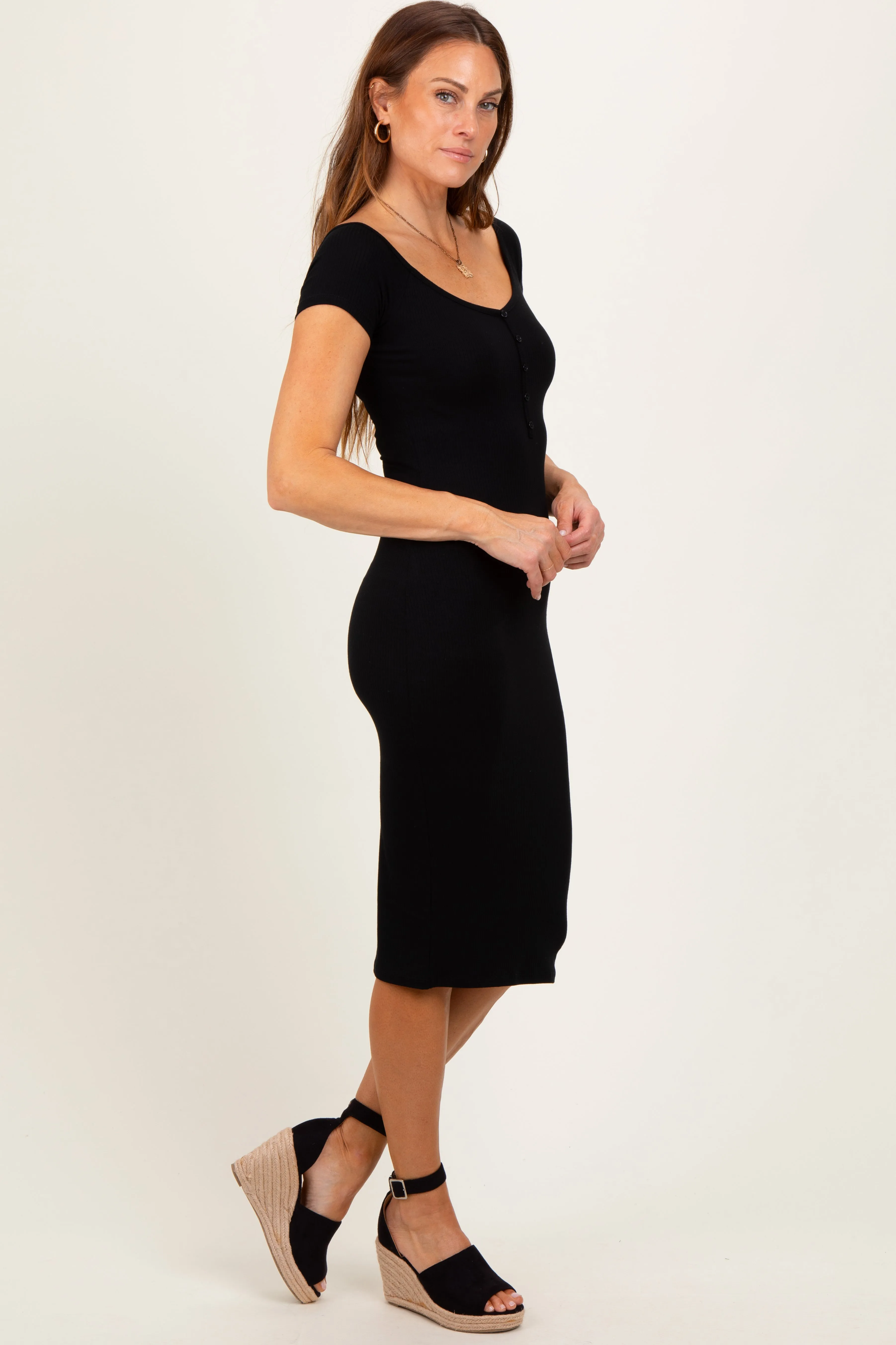 Black Ribbed Wide Neckline Fitted Midi Dress sold by Pinkblush product image thumbnail 3