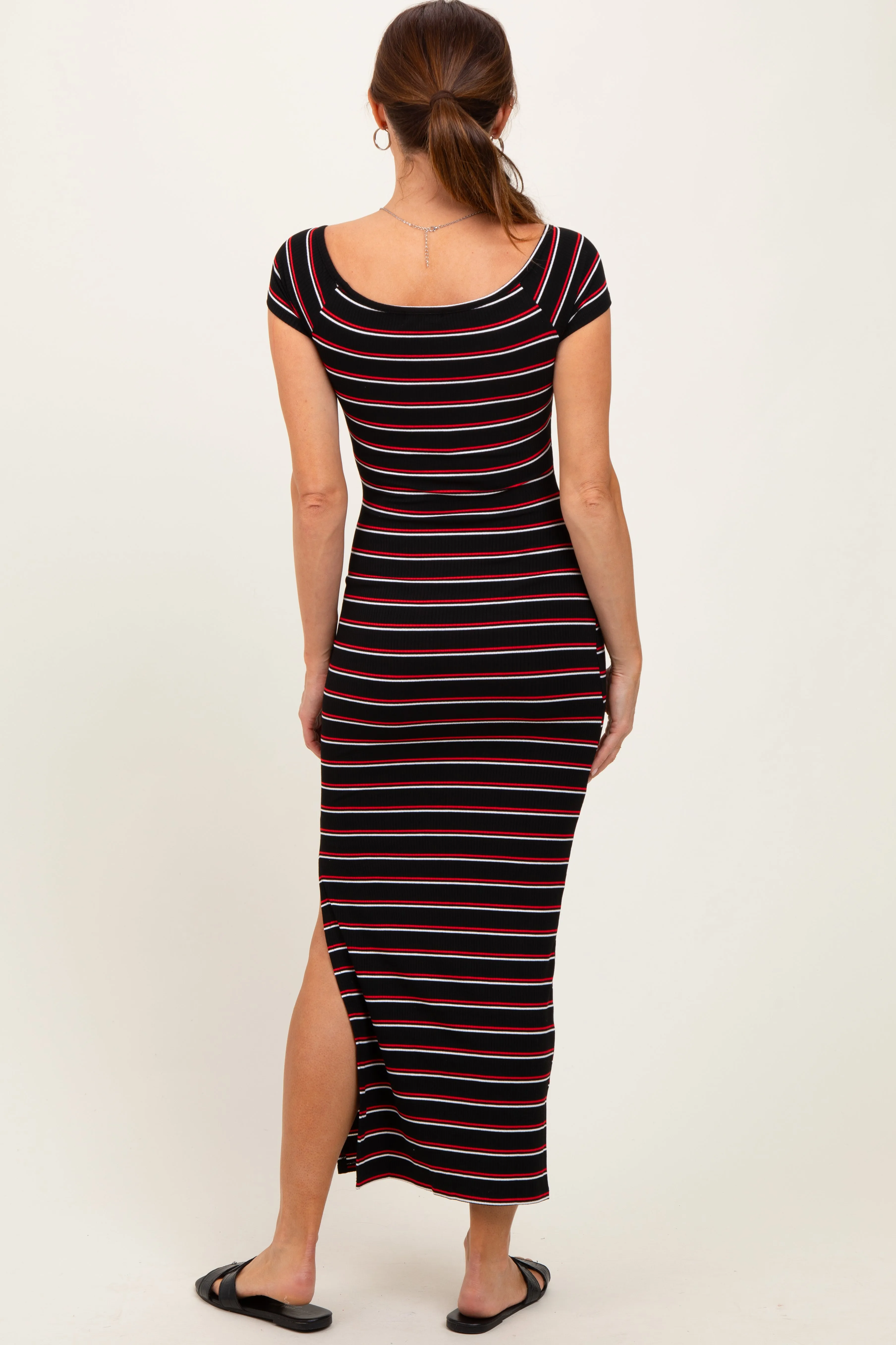Black Striped Wide Neckline Side Slit Maxi Dress sold by Pinkblush product image thumbnail 4