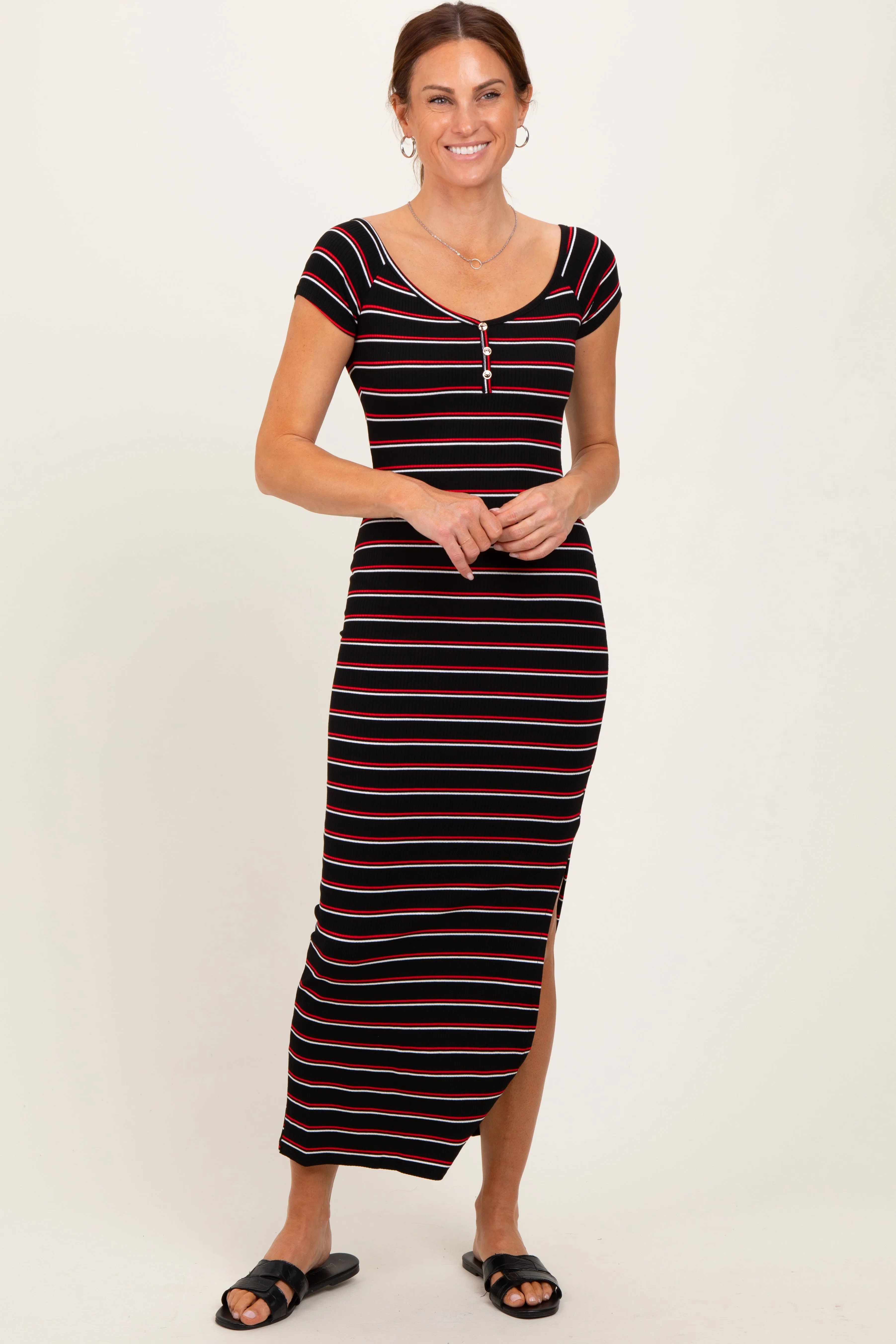 Black Striped Wide Neckline Side Slit Maxi Dress sold by Pinkblush