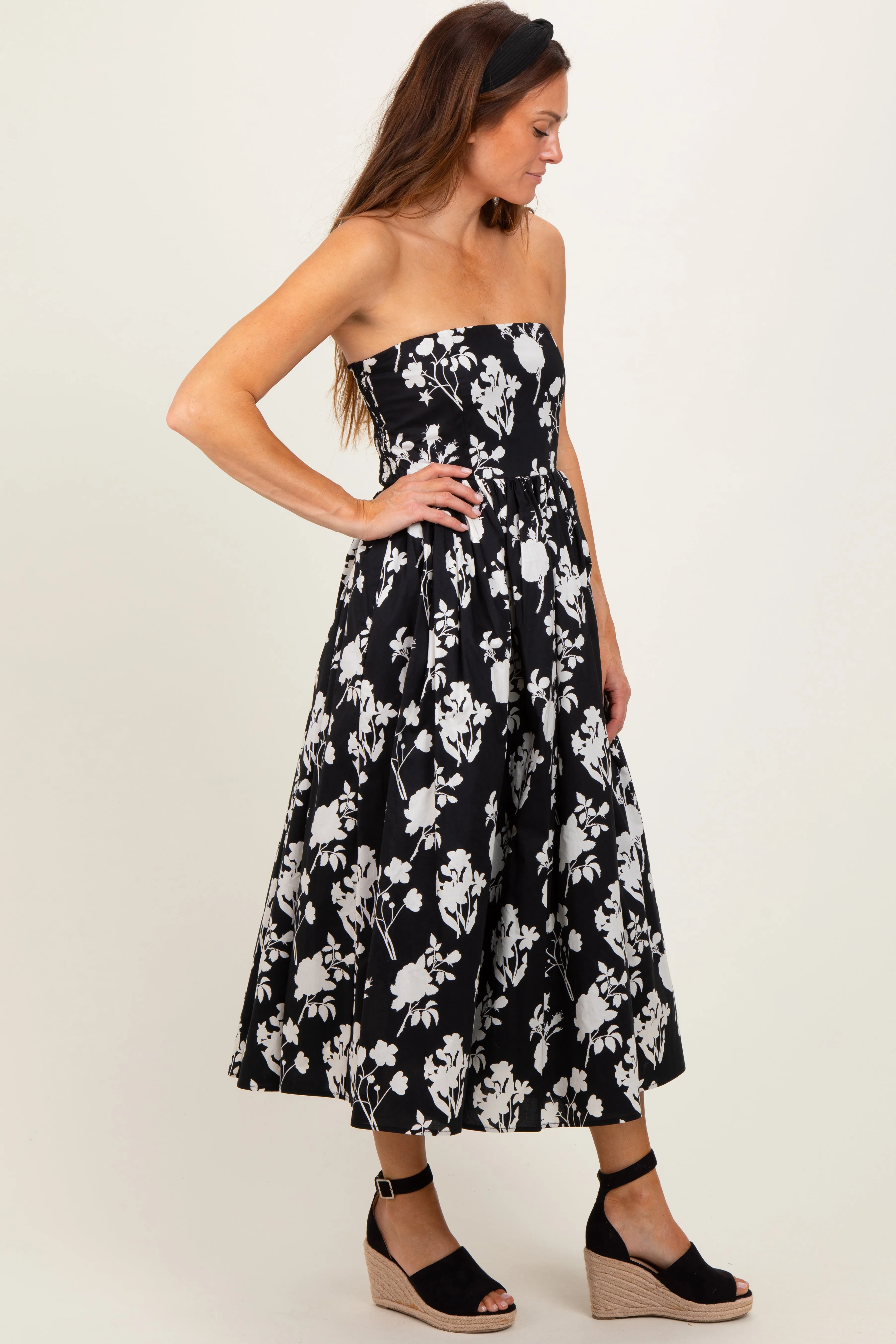 Black Floral Strapless Flare Midi Dress sold by Pinkblush product image thumbnail 3