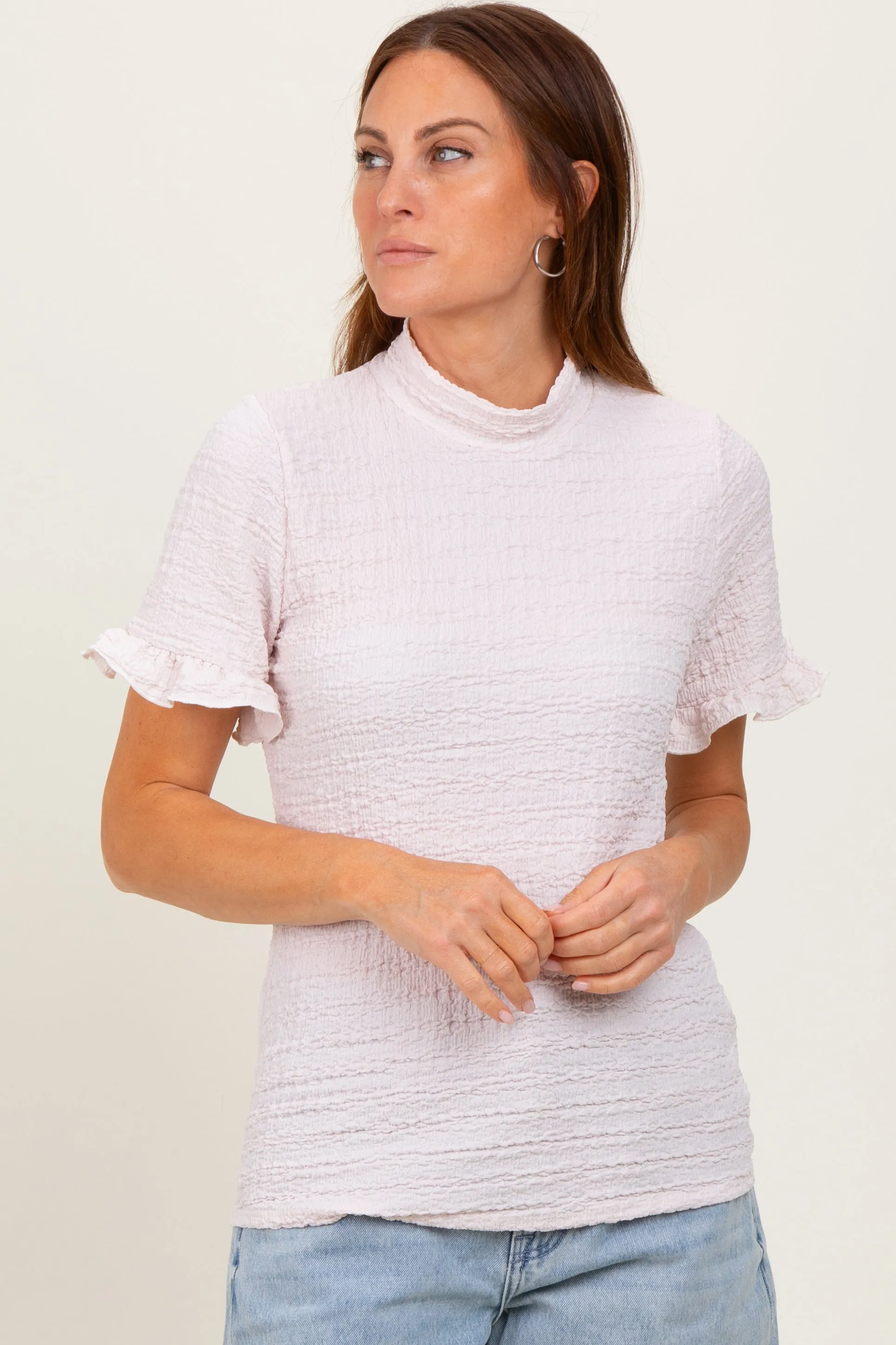 Light Pink Solid Puff Knit Mock Neck Top sold by Pinkblush product image thumbnail 2