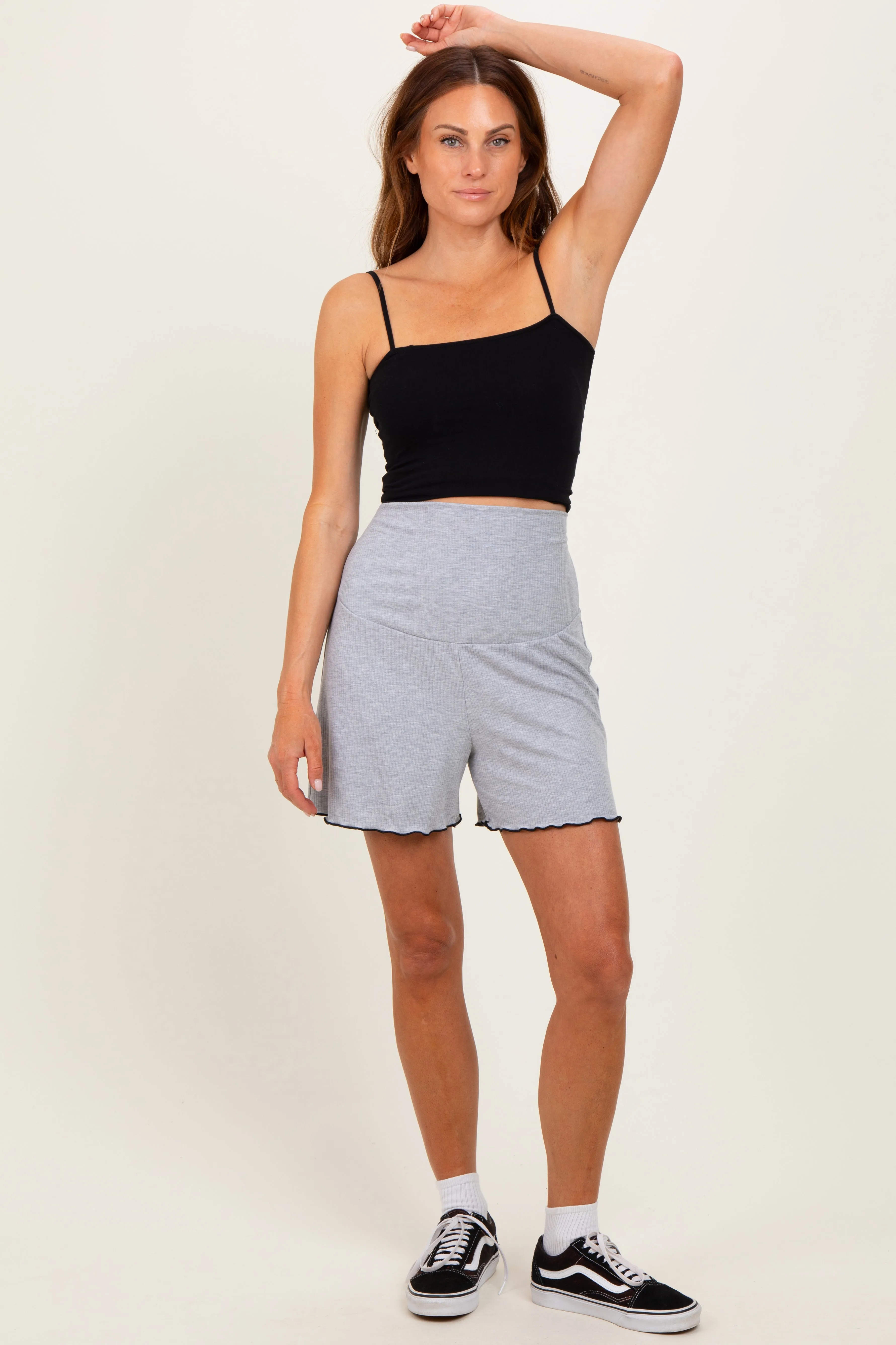 Heather Gray Ribbed Maternity High Waisted Lounge Shorts sold by Pinkblush product image thumbnail 2