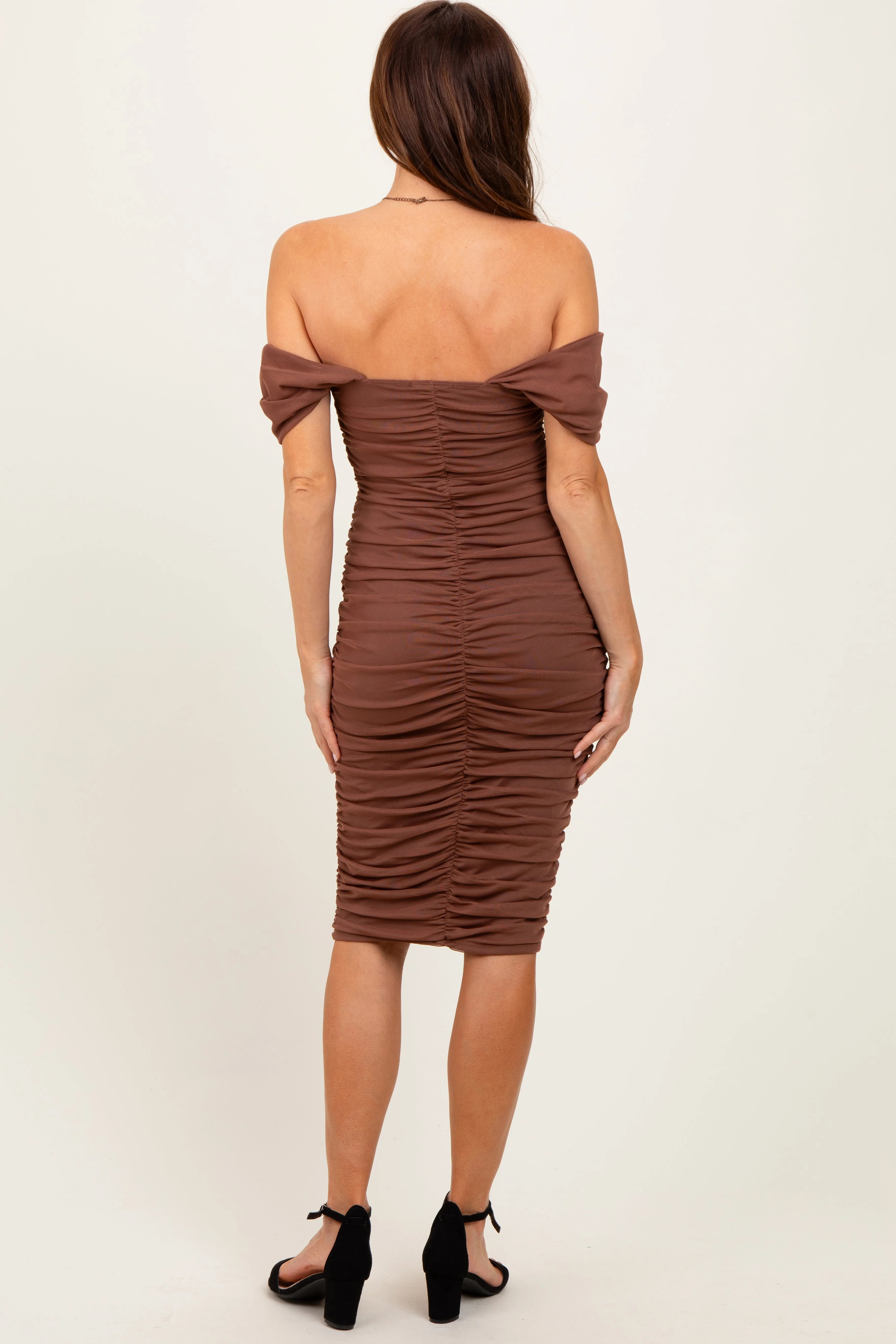 Mocha Mesh Ruched Off Shoulder Fitted Dress sold by Pinkblush product image thumbnail 4