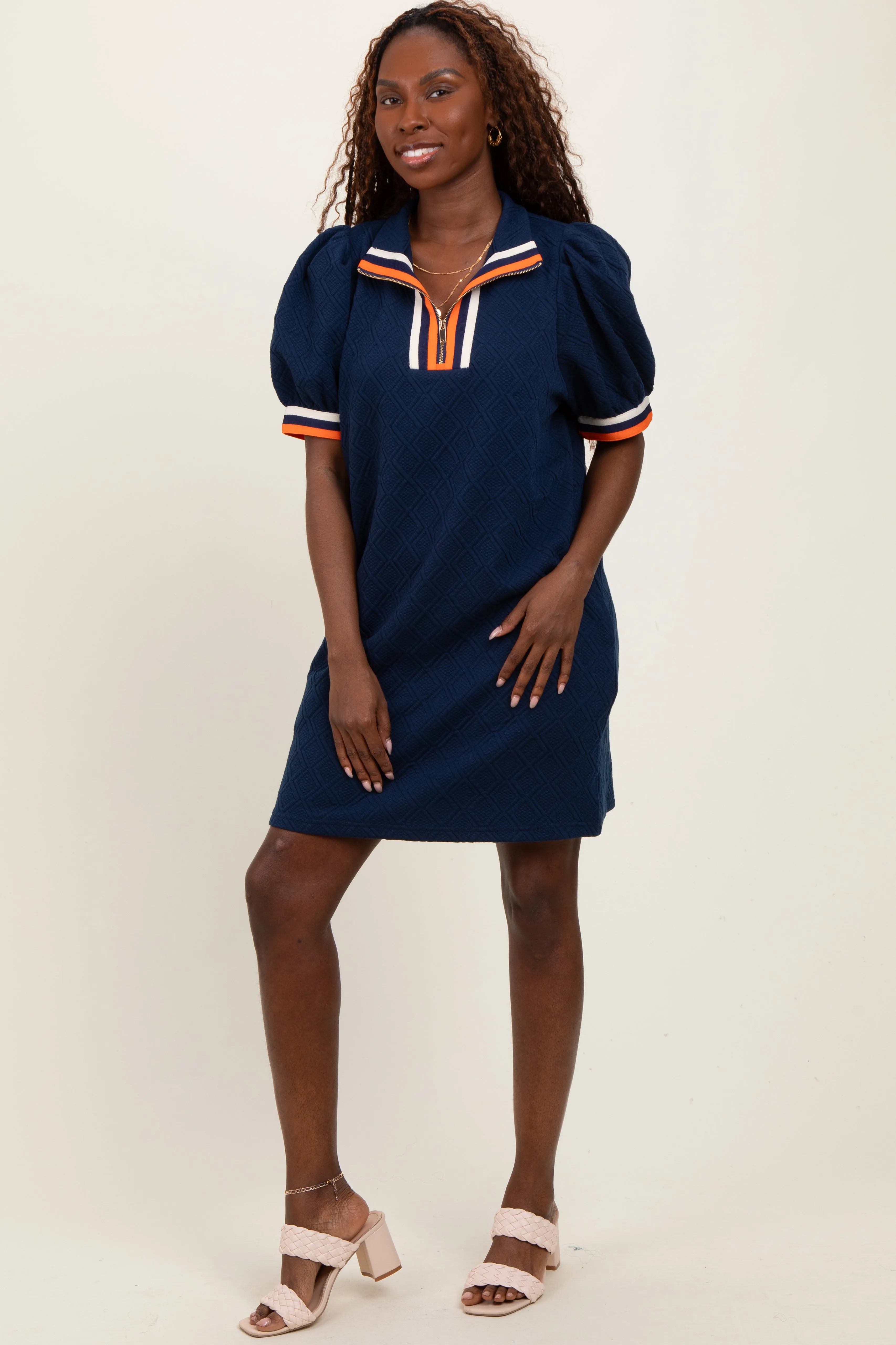 Navy Jacquard Zipper Collar Mini Dress sold by Pinkblush