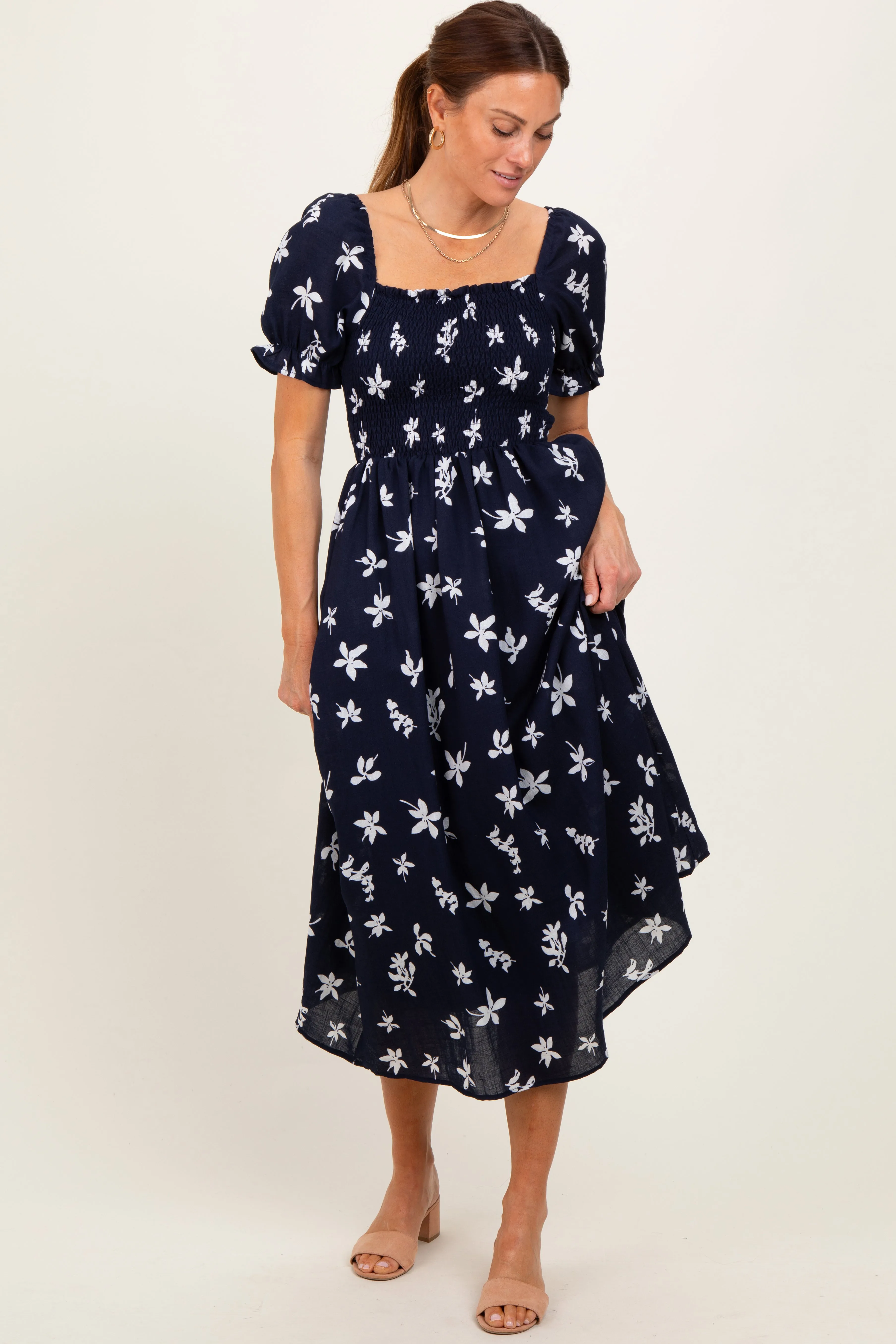 Navy Floral Puff Sleeve Midi Dress sold by Pinkblush product image thumbnail 2