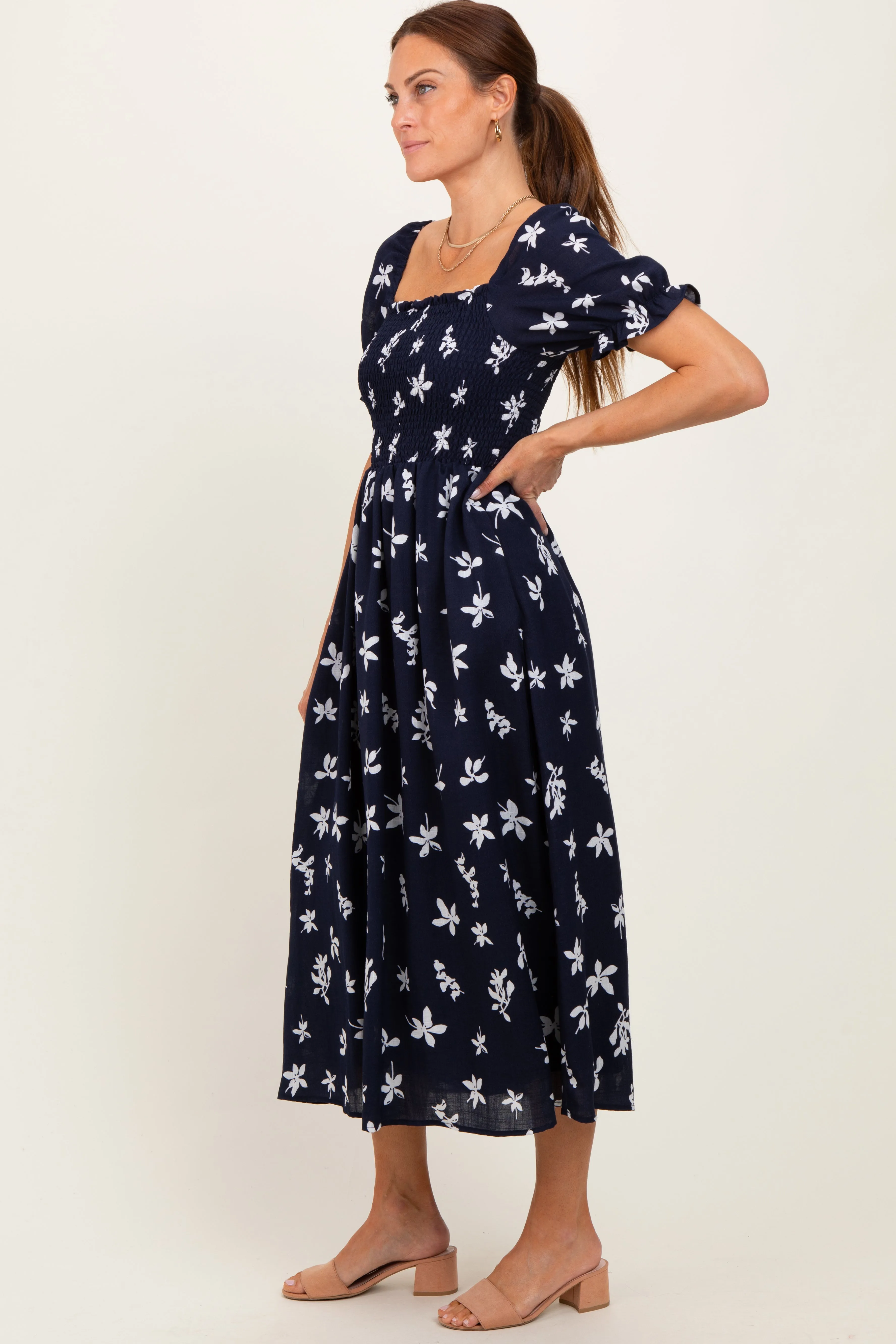 Navy Floral Puff Sleeve Midi Dress sold by Pinkblush product image thumbnail 3