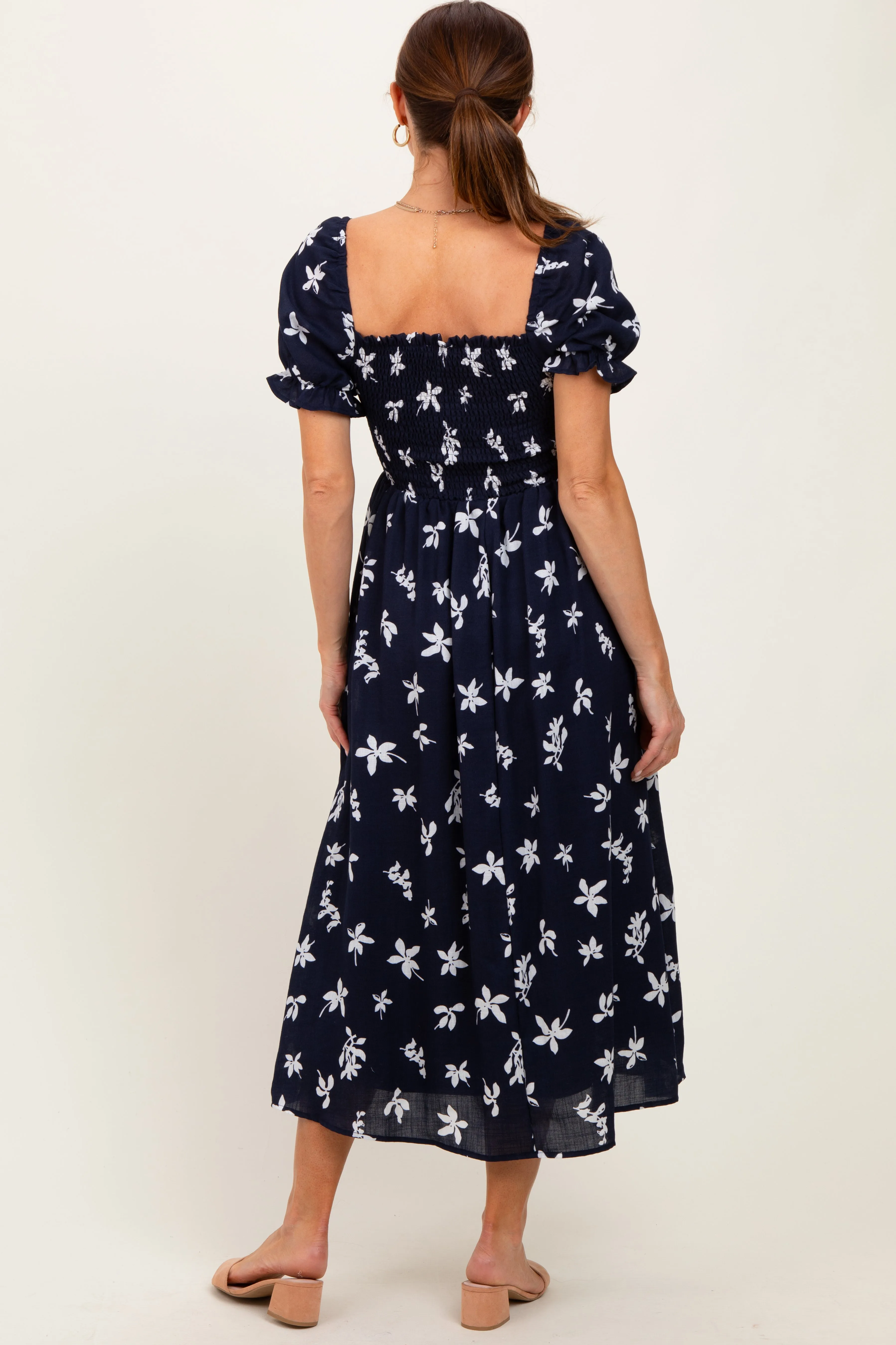 Navy Floral Puff Sleeve Midi Dress sold by Pinkblush product image thumbnail 4