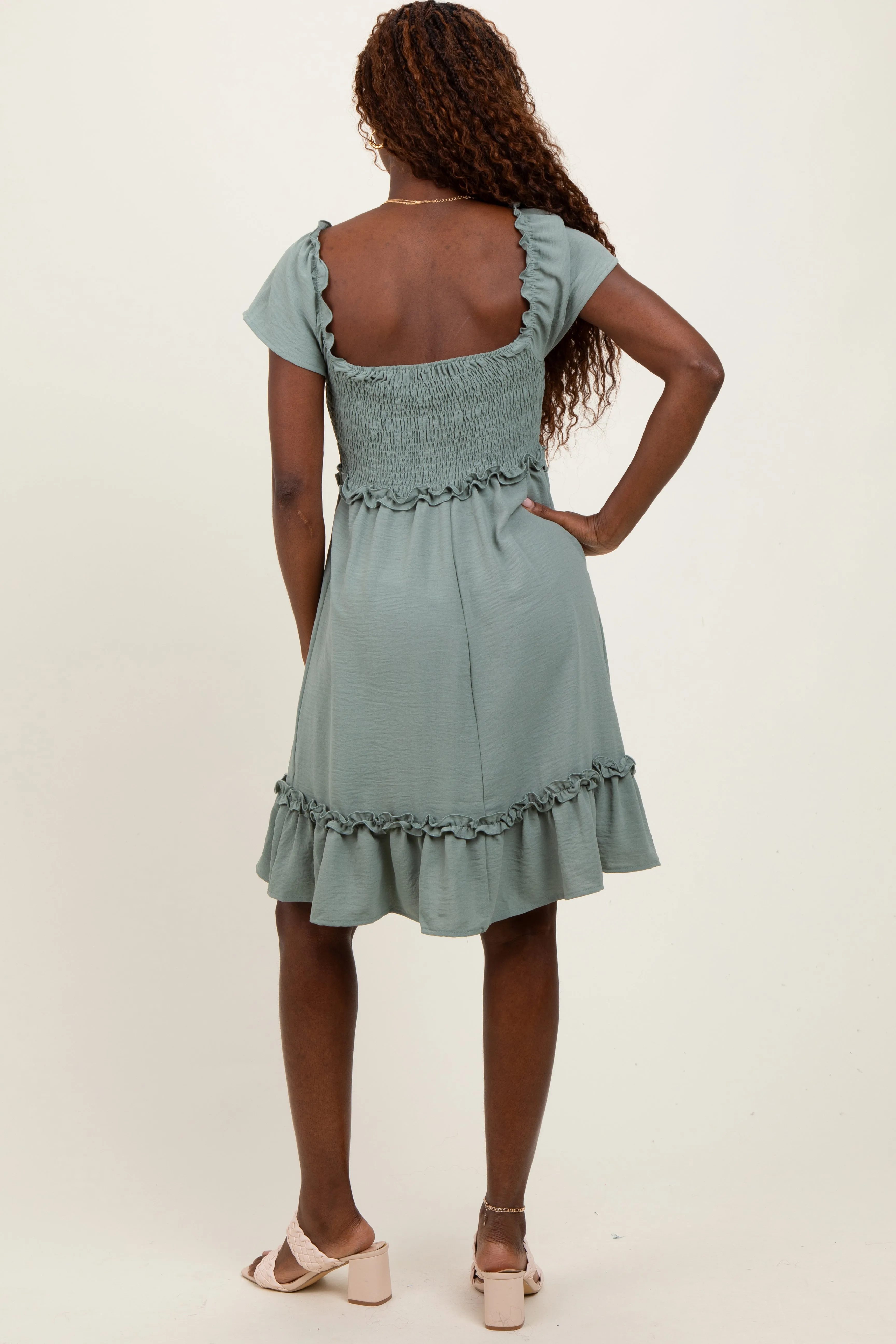 Light Olive Smocked Ruffle Detail Mini Dress sold by Pinkblush product image thumbnail 4