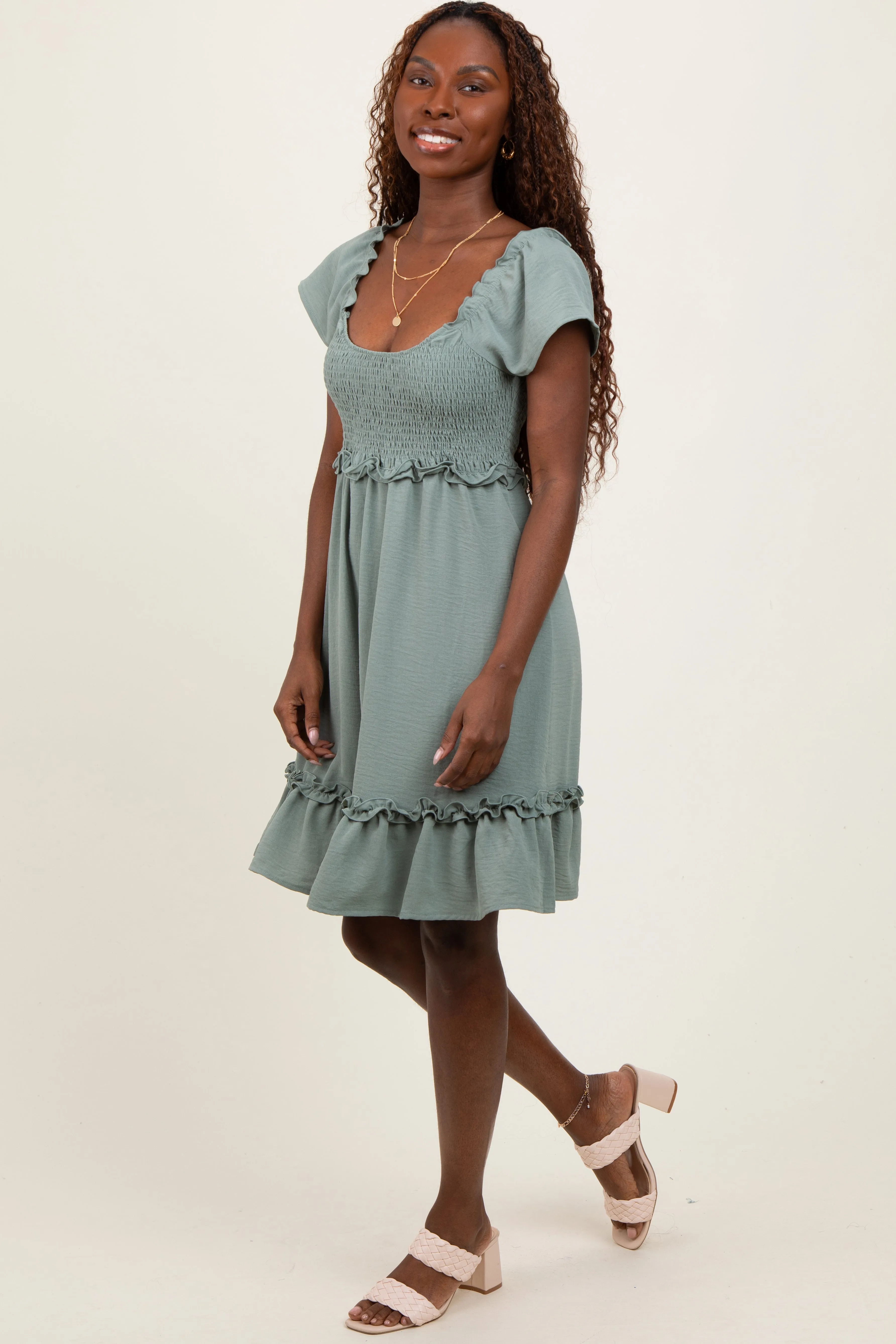 Light Olive Smocked Ruffle Detail Mini Dress sold by Pinkblush product image thumbnail 3