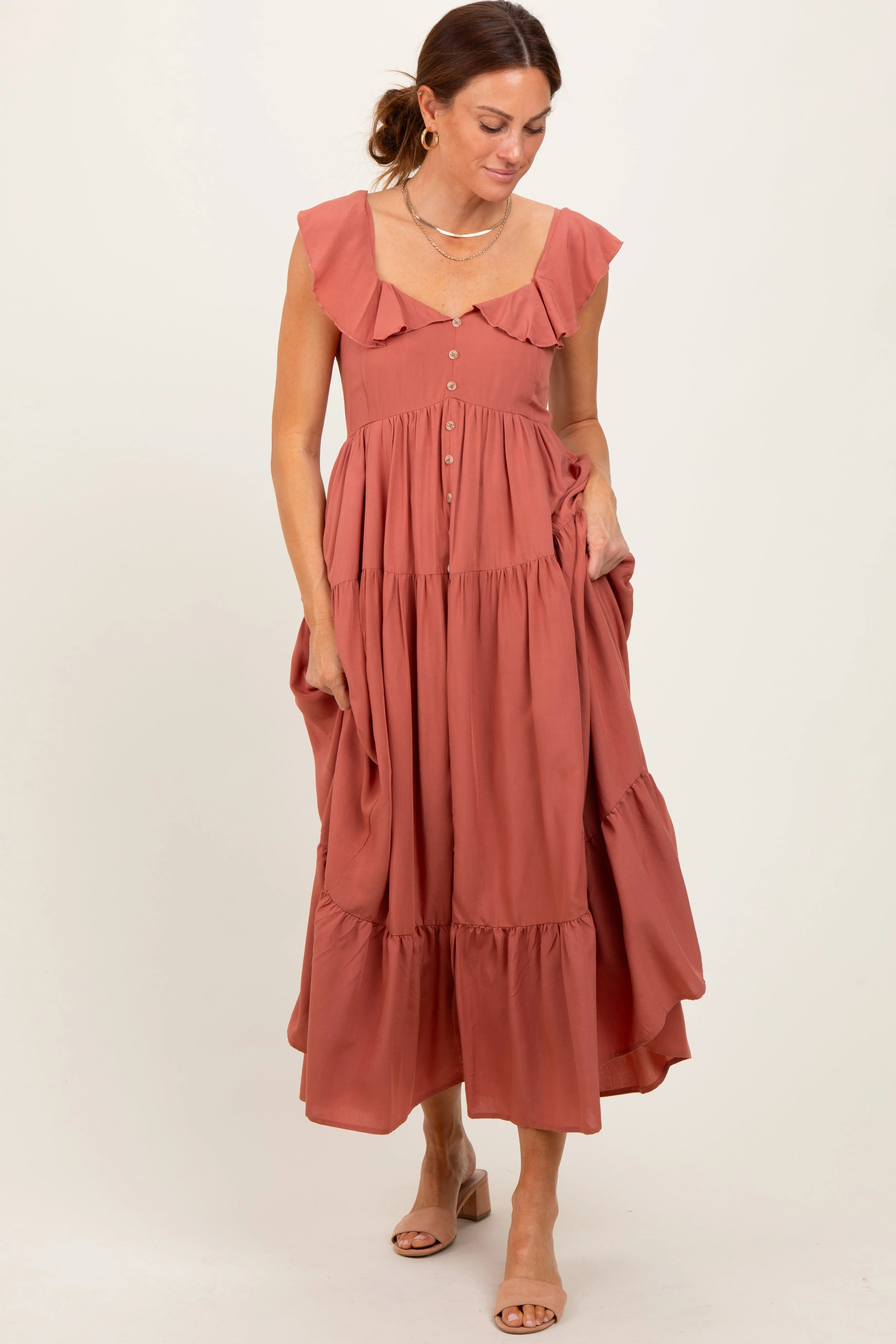 Rust Button Front Ruffle Square Neck Midi Dress sold by Pinkblush product image thumbnail 2