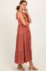 Rust Button Front Ruffle Square Neck Midi Dress sold by Pinkblush