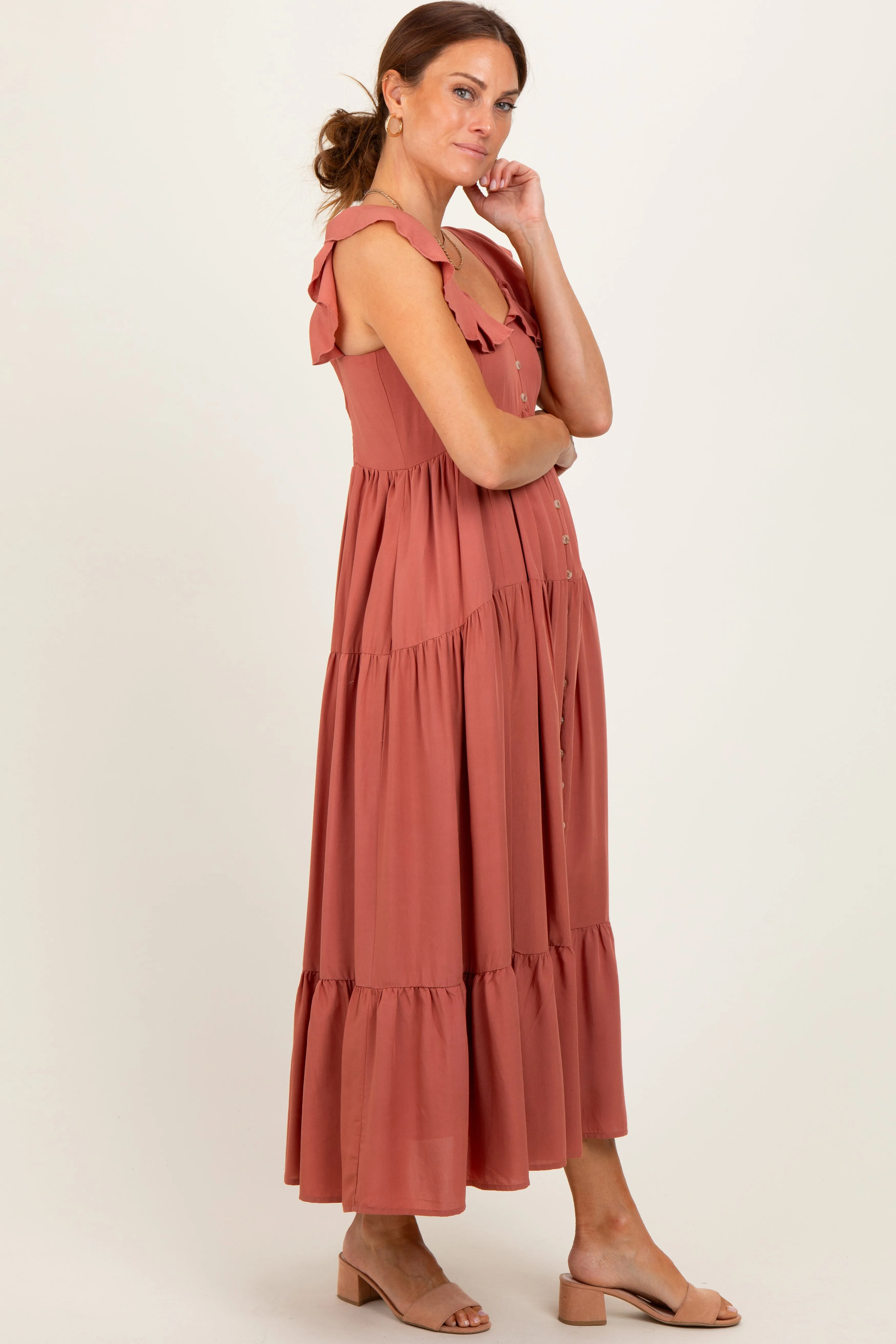 Rust Button Front Ruffle Square Neck Midi Dress sold by Pinkblush product image thumbnail 3