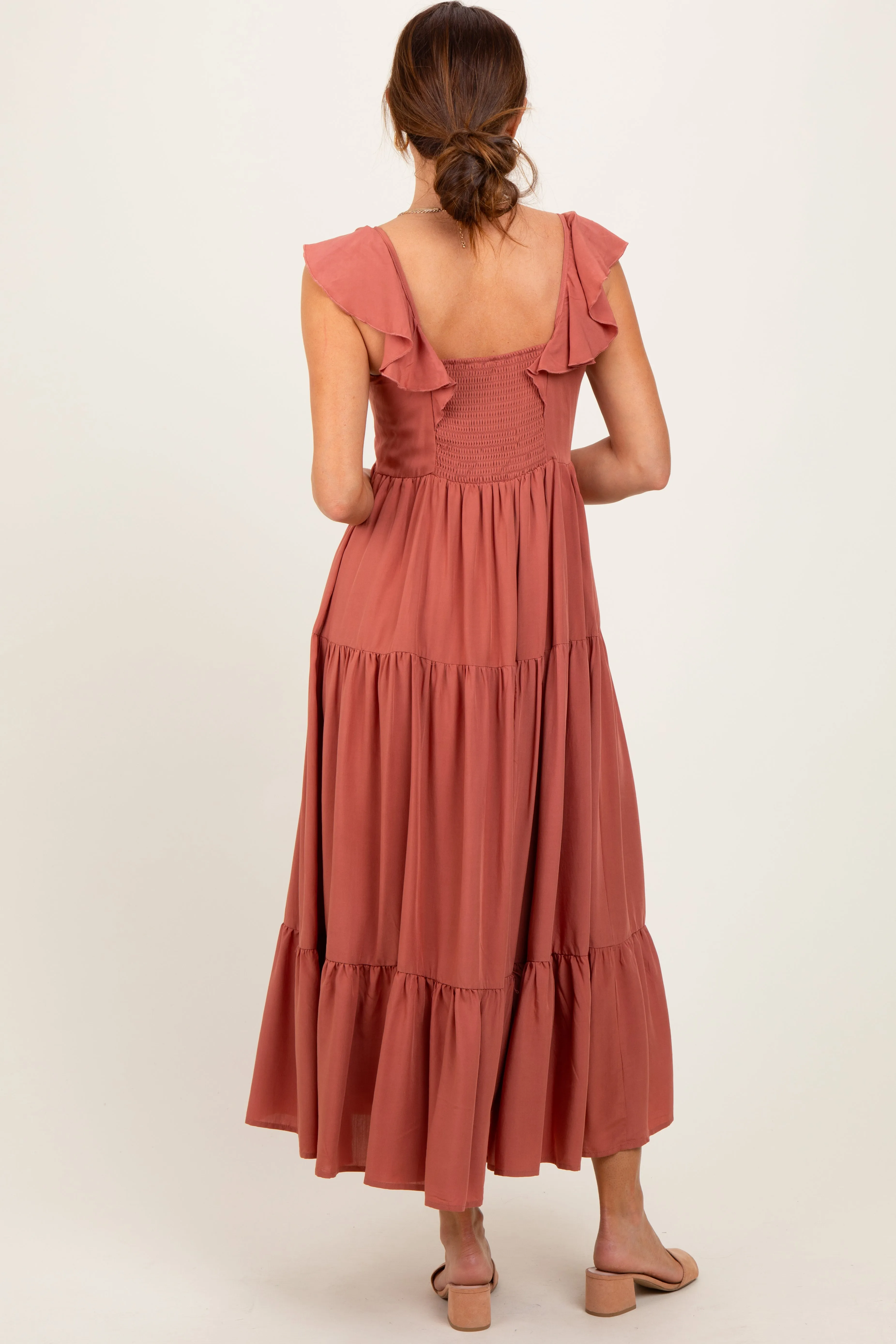 Rust Button Front Ruffle Square Neck Midi Dress sold by Pinkblush product image thumbnail 4