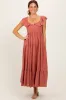 Rust Button Front Ruffle Square Neck Midi Dress sold by Pinkblush
