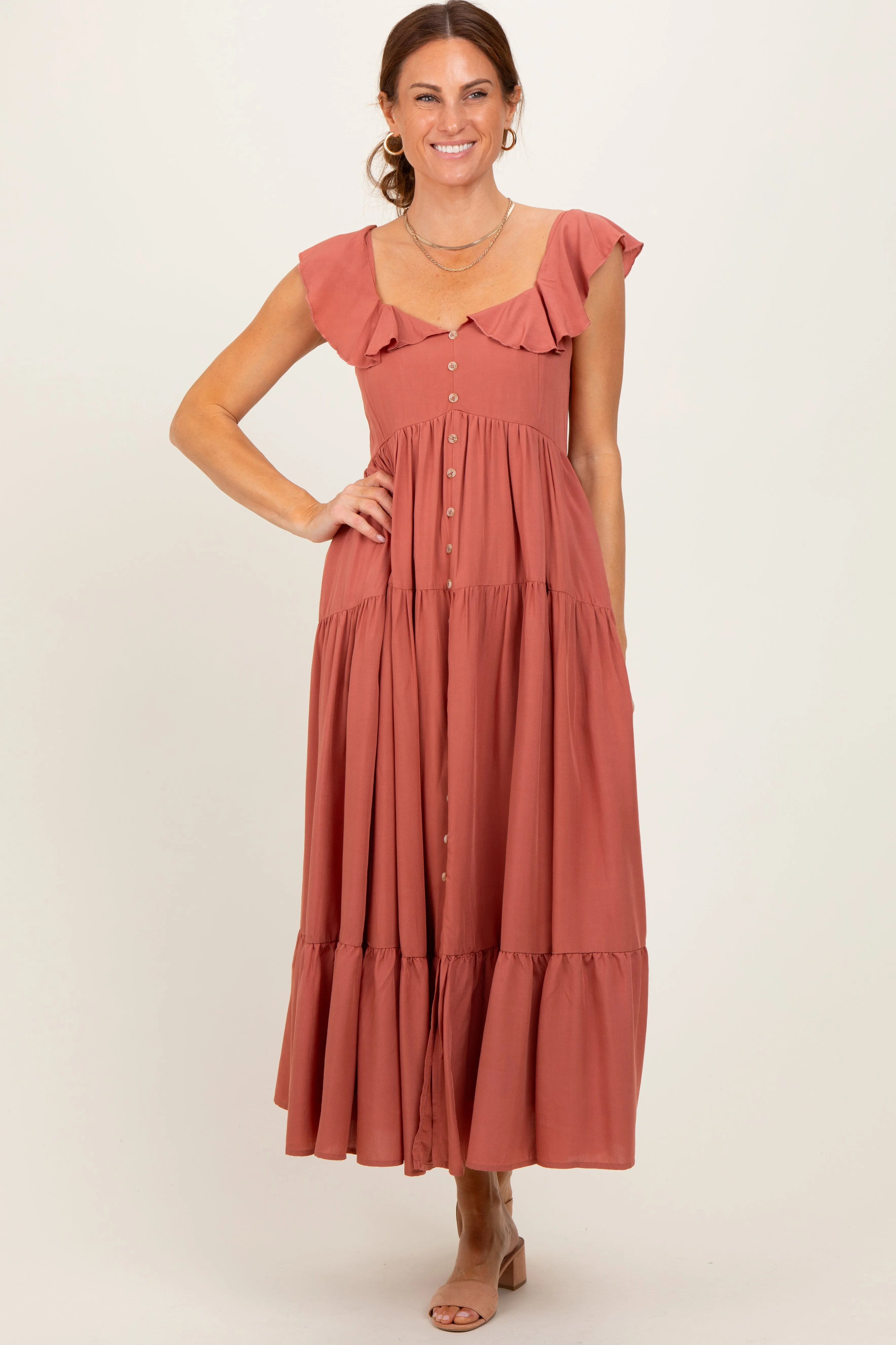 Rust Button Front Ruffle Square Neck Midi Dress sold by Pinkblush